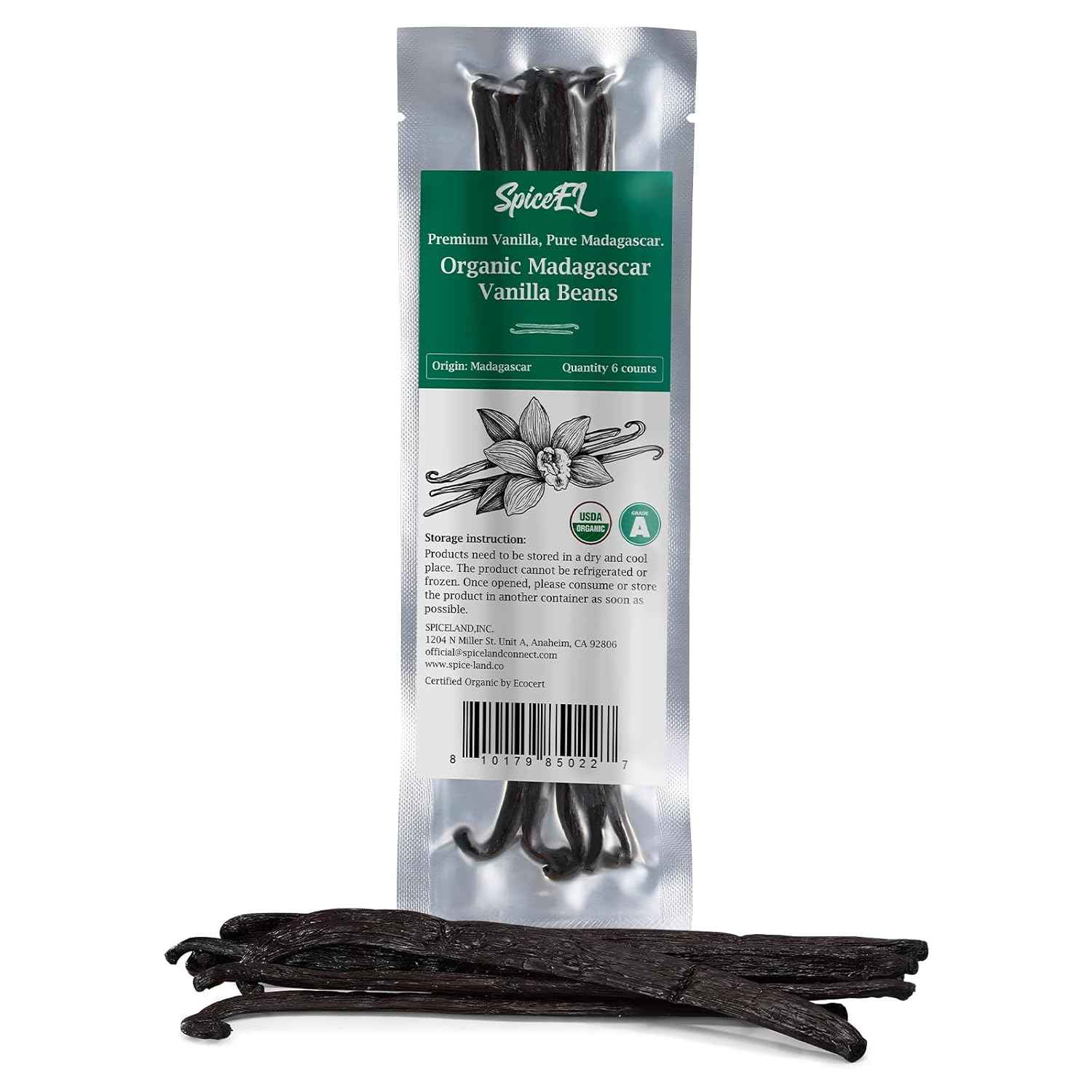 SPICEEL Organic Madagascar Vanilla Beans Grade A Vanilla Pods for Making Extract, Whole Vanilla Beans for Baking, Gluten Free, Non-GMO, Kosher, 6 Counts
