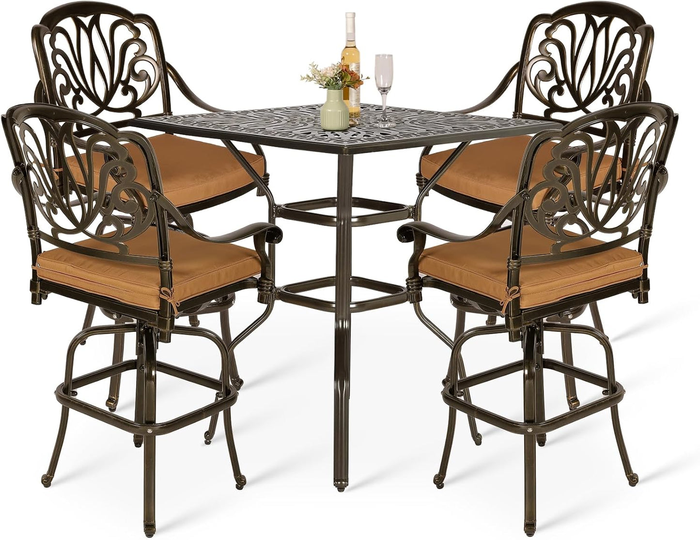 VIVIJASON 5-Piece Bar Height Patio Dining Set, All Weather Cast Aluminum Outdoor Table and Chairs Set with 4 Swivel Bar Stools, Cushions & 35.4" High Bar Table w/Umbrella Hole for Deck, Lawn, Garden