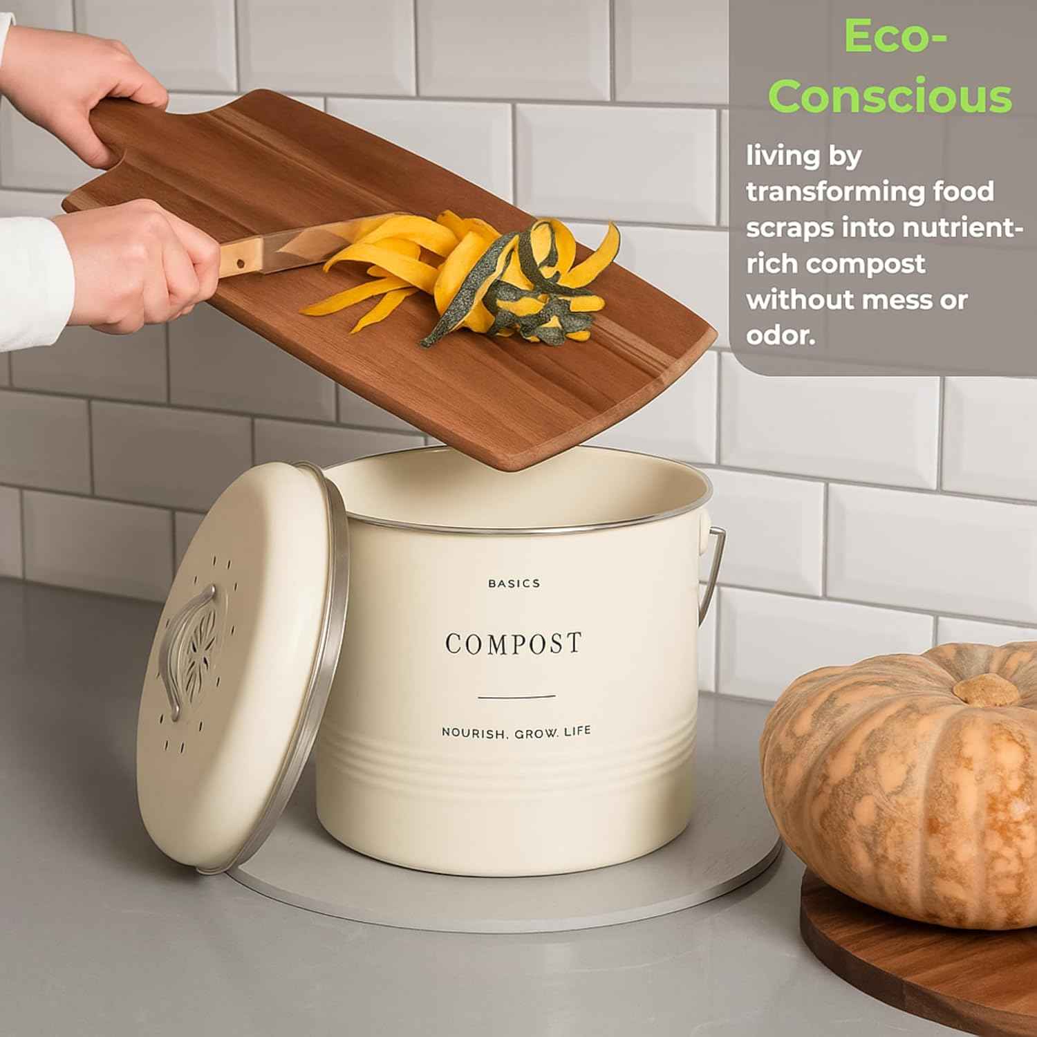D'Lifeful Kitchen Compost Bin – 1.3 Gallon Countertop Farmhouse Compost Container with Lid – Odorless Indoor Food Scrap Pail with 6 Charcoal Filters – Eco-Conscious and Easy to Clean (Cream)