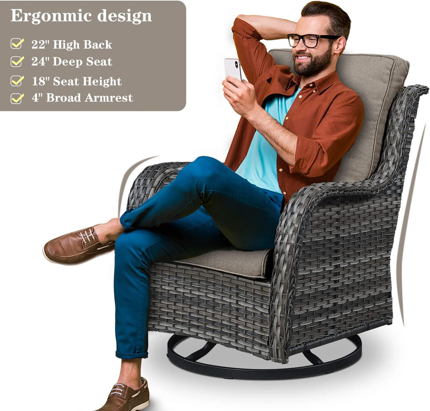 5 Pieces Patio Wicker Furniture Set - 4 Outdoor Swivel Rocker Glider Chairs with Propane Fire Pit Table, Patio Conversation Set Grey Cushion Perfect for Casual Gathering