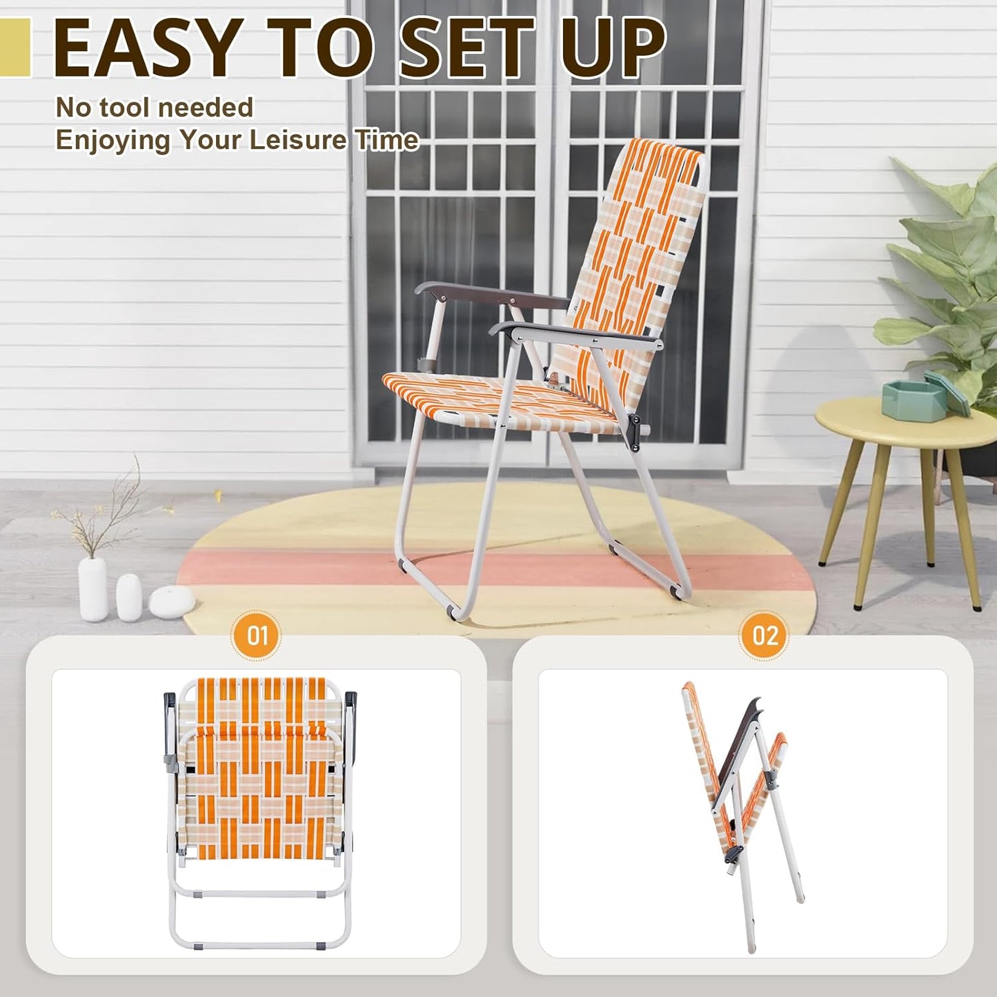 Folding Webbed Oversized Lawn Chairs Set of 2, 260 LBS High Beach Chair for Adults Heavy Duty, Portable Patio Chair for Yard, Garden (Orange)