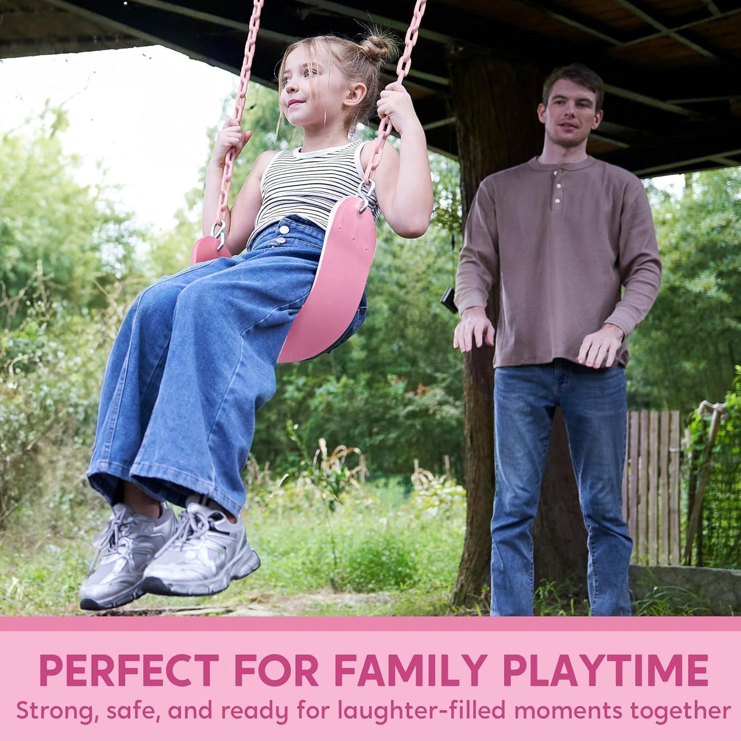 TURFEE Heavy Duty Swing Seat Pink Color with 66” Chain, Swing Set Accessories Replacement with Snap Hooks for Kids Outdoor Play Playground