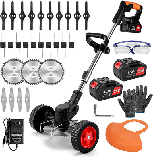 Electric Weed Wacker Cordless,24v Weed Eater Battery Powered 3 In 1 Lightweight Grass Trimmer With 2 4.0 Ah Batteries & Charger, Weed Eater With Blade & Wheels For Women,Lawn Care,Garden,Yard (Orange)