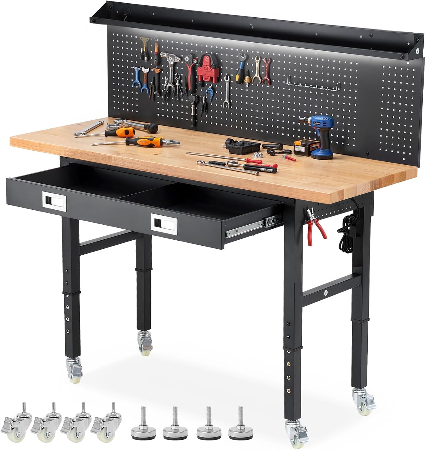 Workbench with Wheels 60 x 22 Inch Heavy Duty Rubber Wood Tabletop Work Bench with Pegboard, Drawers, Power Outlets Adjustable Height Work Table for Woodworking Shop, Home, Office