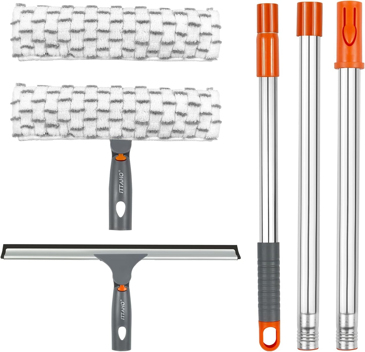 ITTAHO Squeegee for Window Cleaning,12" Squeegee and 11" Microfiber Scrubber Combi with Stainless Steel Pole,Extendable Window Cleaner for Car,Sliding Door,Shower Glass Door-Swivel Style-2 Pads