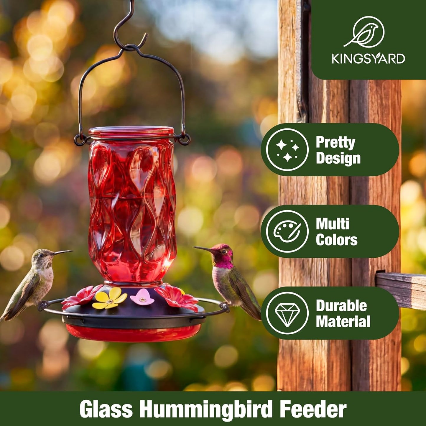 Kingsyard Glass Hummingbird Feeder for Outdoors Hanging, 20 oz Leak-Proof Wild Bird Nectar Feeders with 9 Bee Guard Ports & Ant Moat, Garden Yard Art Decor Gifts for Mom, Red