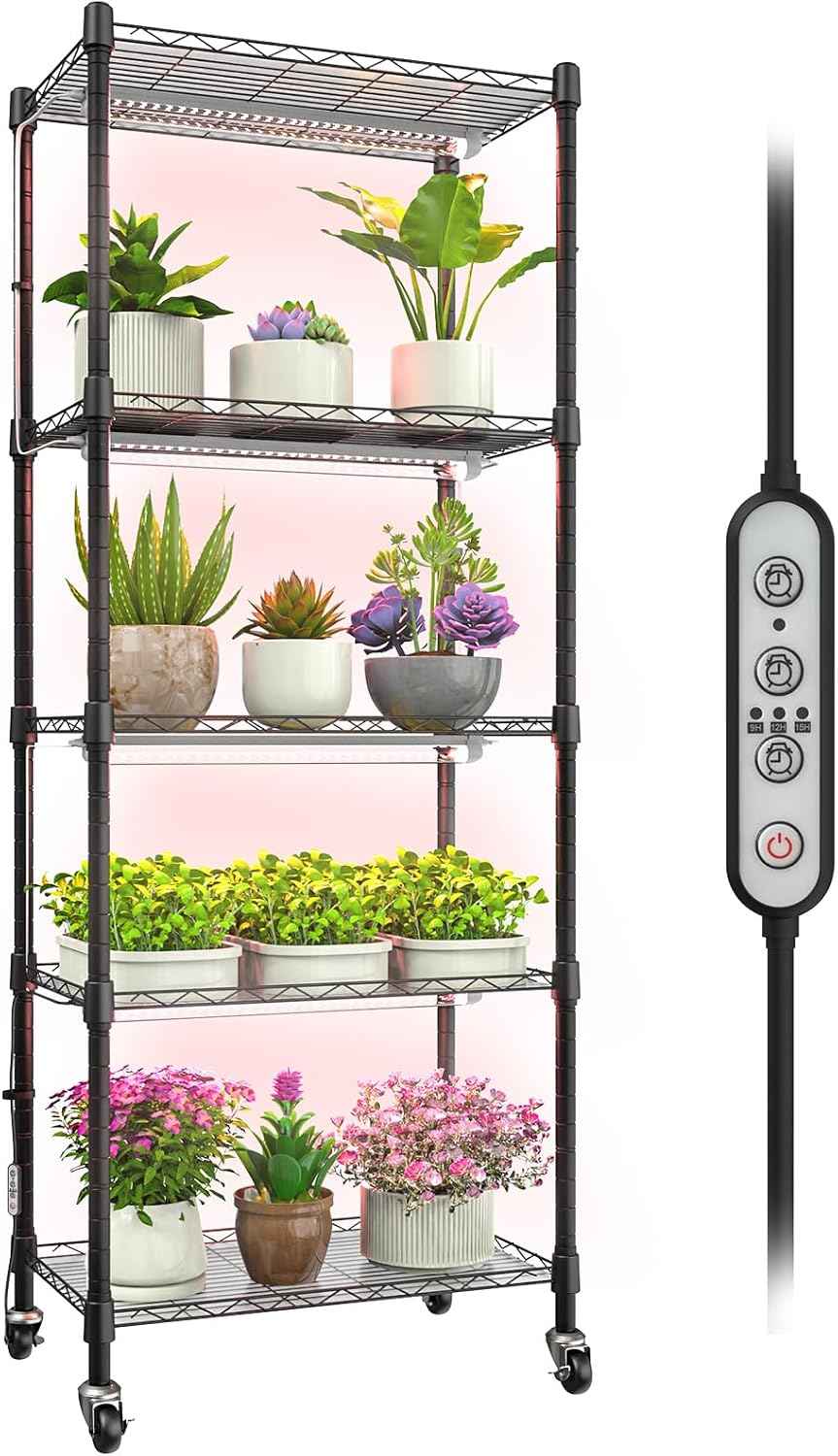 Plant shelf with grow light, 5-Tier metal Plant Stand with 4-Pack 72W Full Spectrum Grow Lights, Auto Timer，Ladder Flower Pot Stand indoor 23.2" L x 13.4" W x 61.4" H