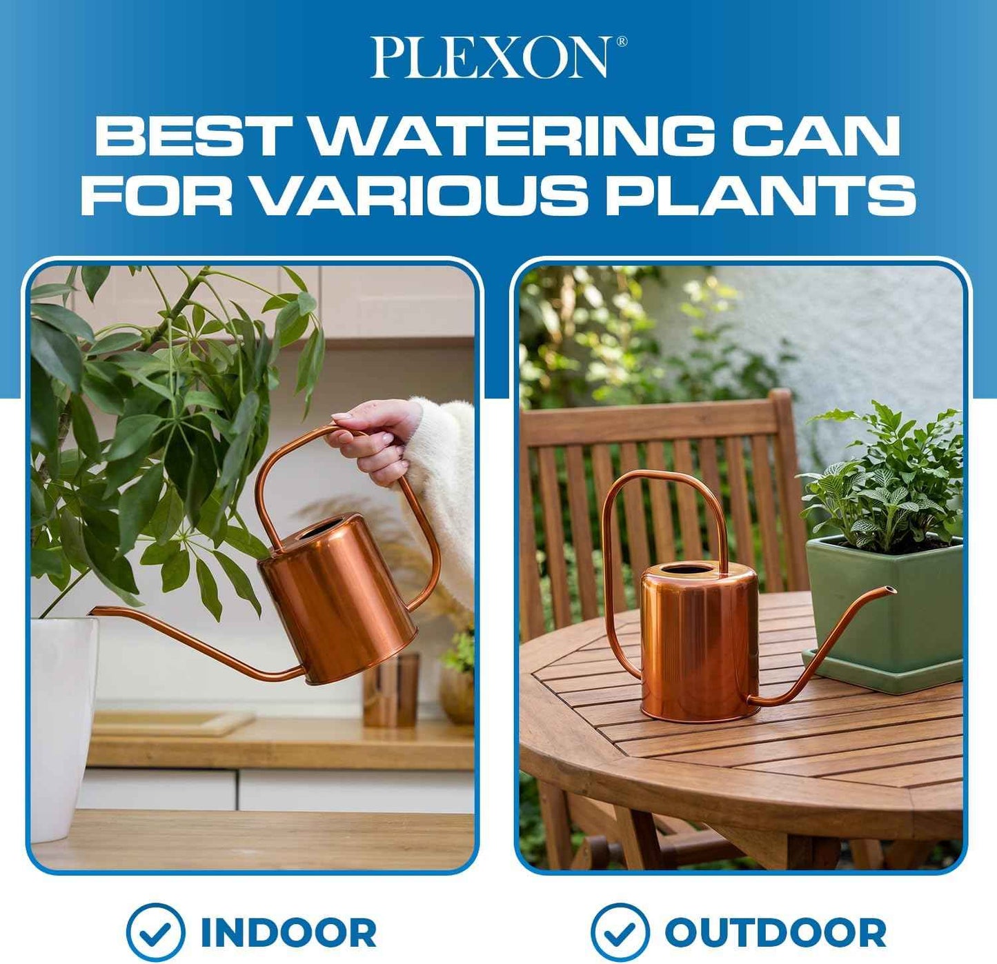 Plexon Rose Gold Metal Watering Can Indoor Plants, 54 oz Stainless Steel Long Spout Watering Can Outdoor House Plant Flower, Garden