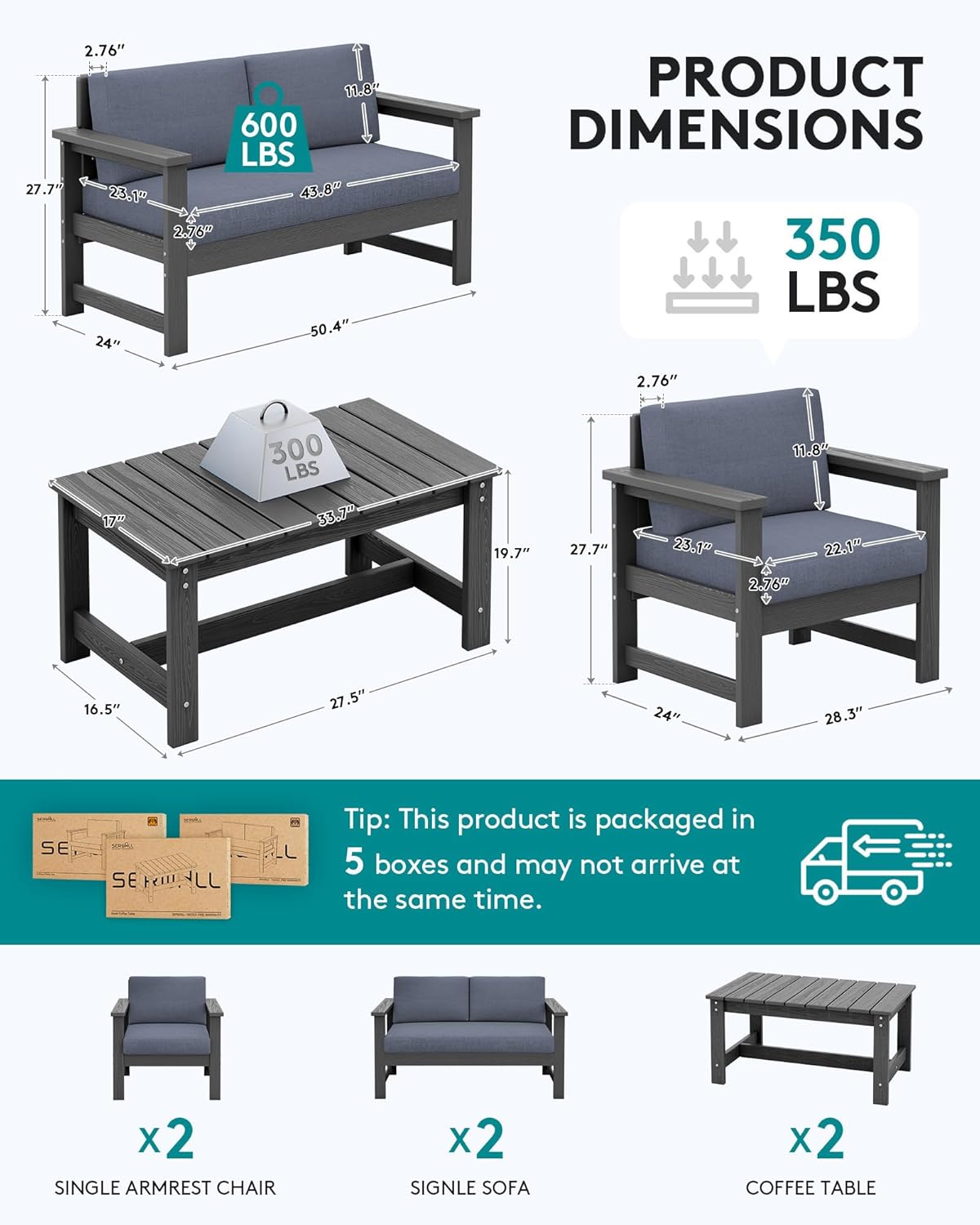 SERWALL 6 Pieces HDPE Outdoor Conversation Sofa Set with Cushions, All Weather Couch Loveseat Furniture with Coffee Table and Cushion, Outdoor Social Sofa Set, Grey Frame with Grey Cushions