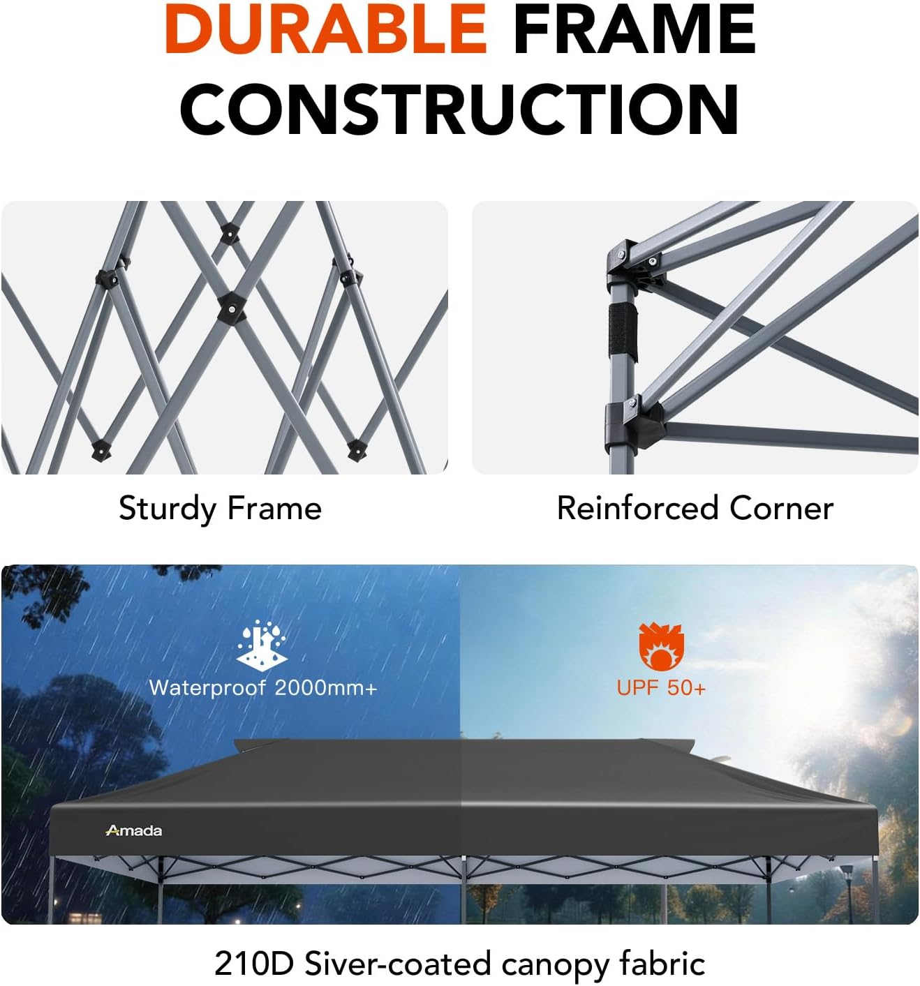 Amada 20x10 Pop Up Canopy Tent - Center Lock One Push Commercial Instant Canopies with 3-Height Adjustable & Wheeled Bag, 12 Stakes 6 Sandbags 6 Ropes, Great for Trade Shows, Events (20x10ft, Grey)