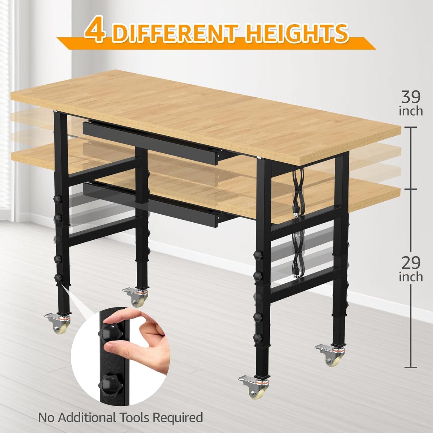 60" Adjustable Workbench,Heavy-Duty Work Table,3000 LBS Load Capacity Particleboard Hardwood Workstation Outlets with Power Strips, Drawers and Wheels,for Workshop, Garage