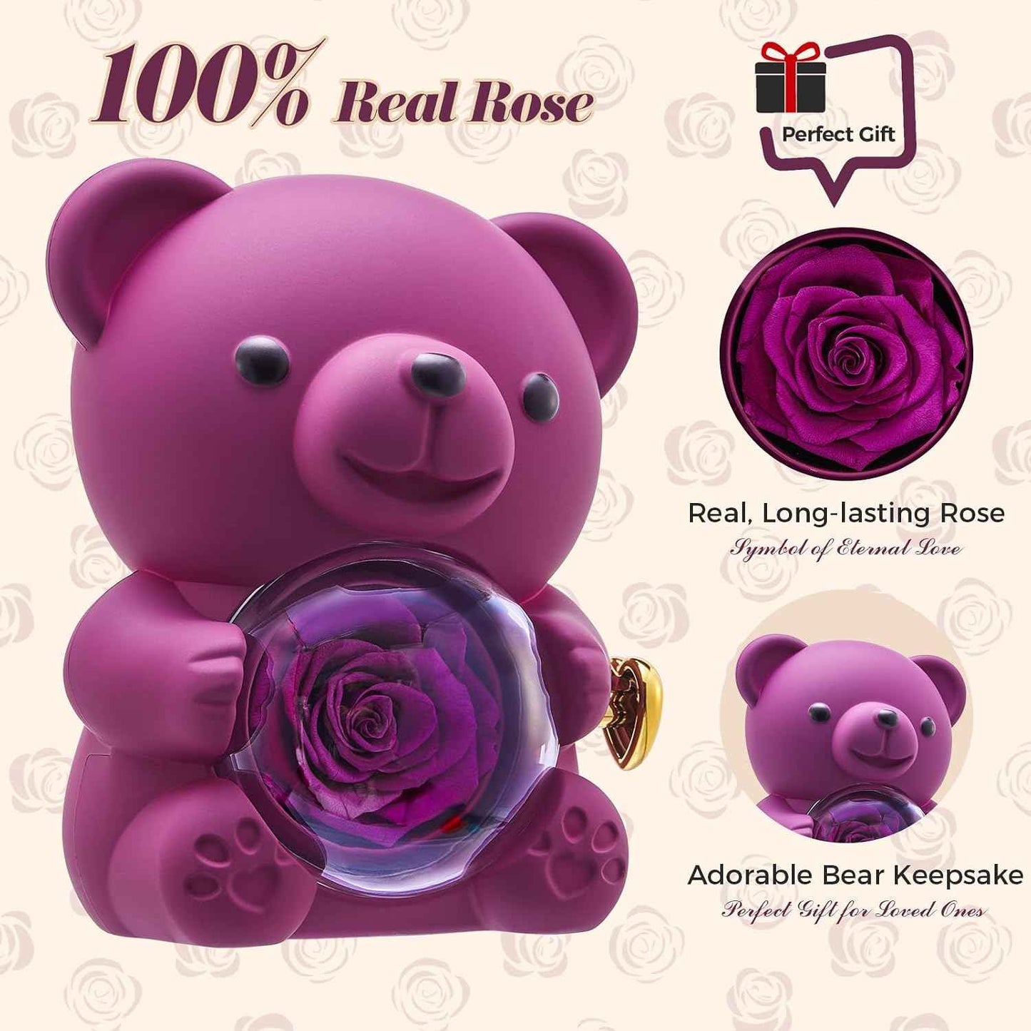Mikasol Romantic Teddy Purple Bear with Preserved Rose - Real Rose in Elegant Black Gift Box for Anniversaries, Weddings, Bridal Showers, and Mother's Day