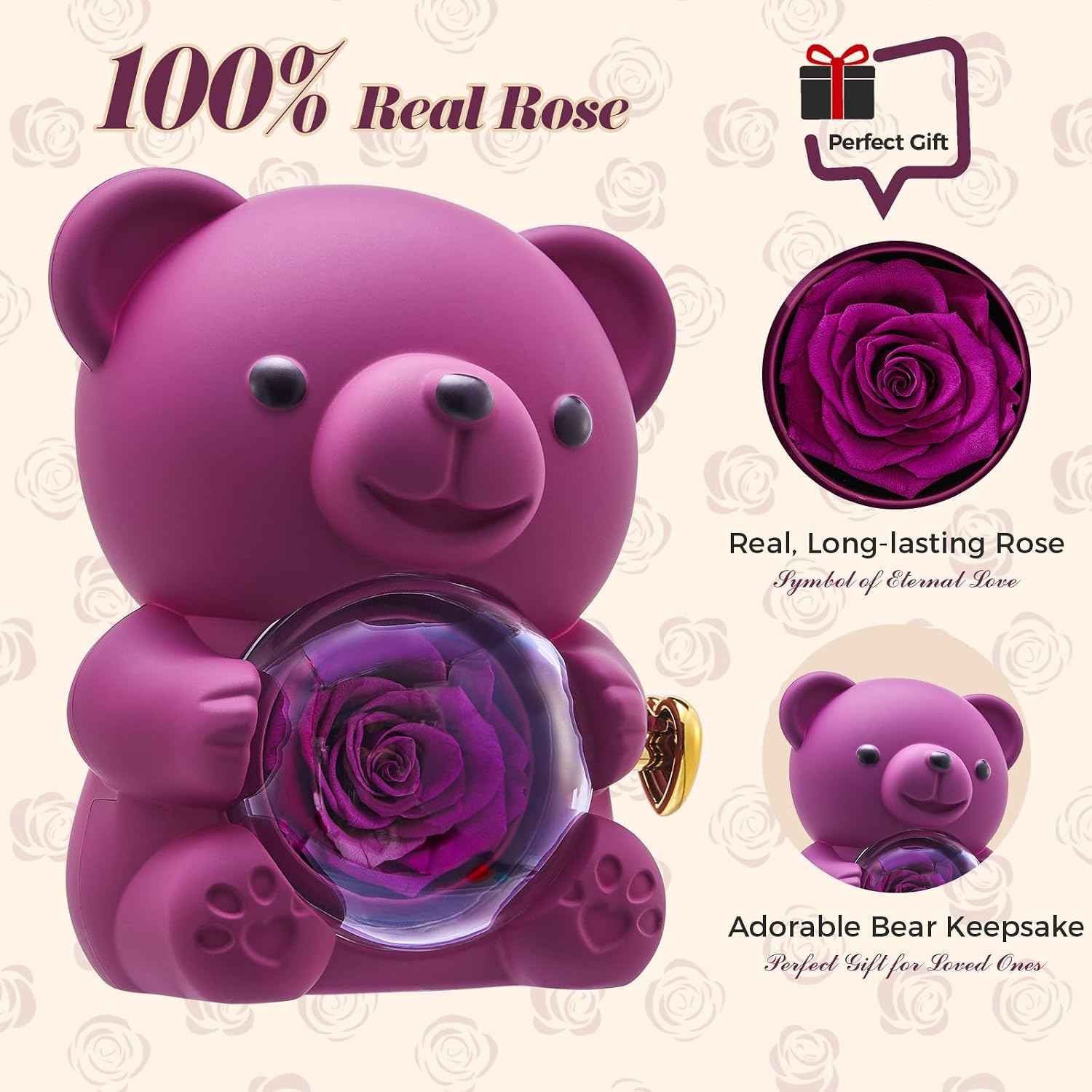 Mikasol Romantic Teddy Purple Bear with Preserved Rose - Real Rose in Elegant Black Gift Box for Anniversaries, Weddings, Bridal Showers, and Mother's Day