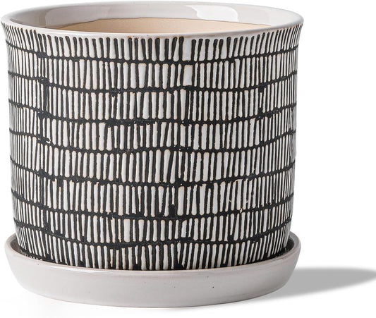 8 Inch Plant Pot: Ceramic Planter with Drainage Hole & Saucer for Indoor Outdoor Plants - Flowerpot with Bonded Tray for Home Office - Mixed Stripe Debossed