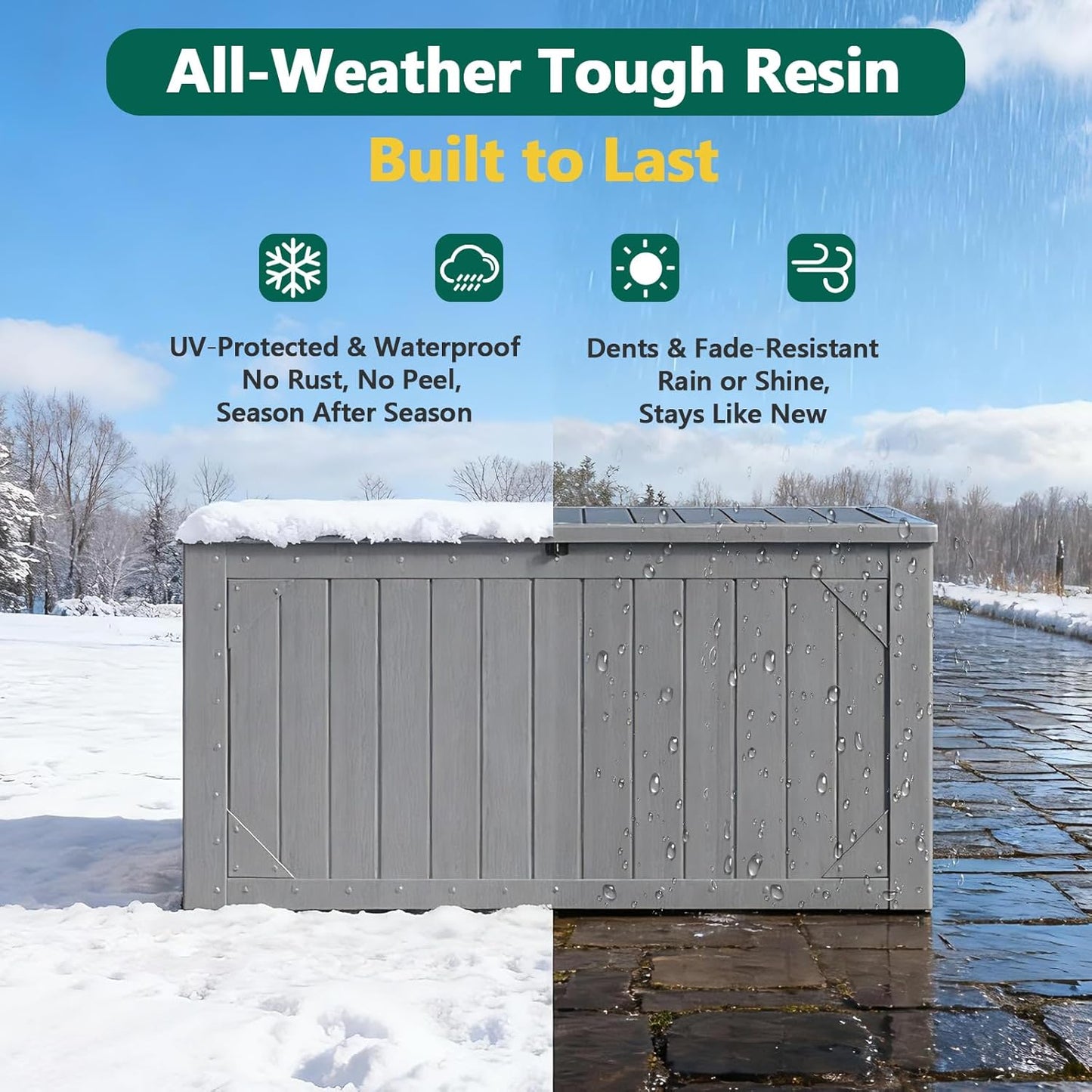 100 Gallon Outdoor Storage Box, Waterproof Resin Deck Box Organizer for Patio Cushion Storage, Lockable Outside Container for Garden Tools