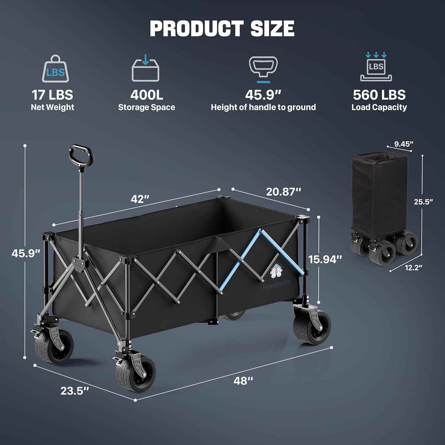 48" XL Collapsible Wagon Cart, 400L Heavy Duty Folding Wagon with All-Terrain Wheels, 560 lbs Capacity Utility Wagon for Camping, Garden, Sports, Beach and Shopping