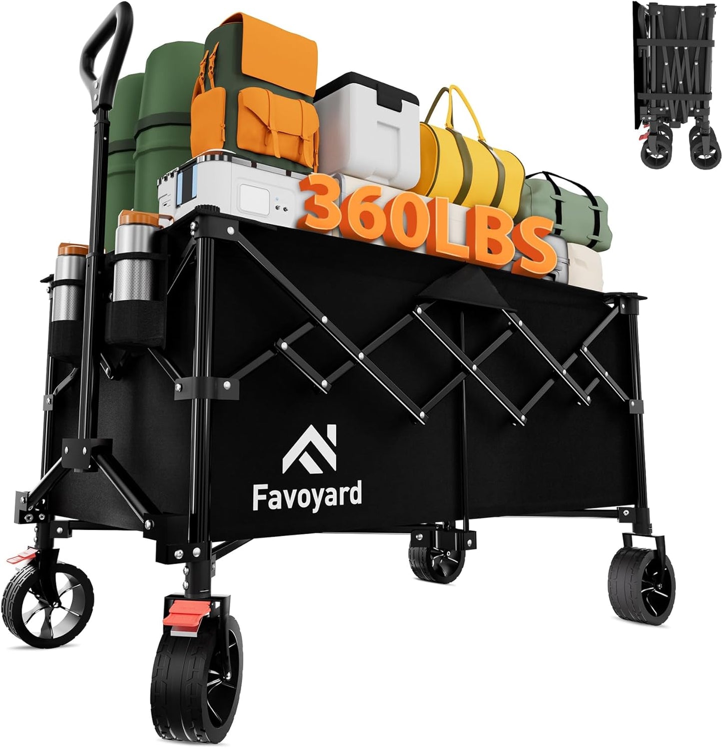 Favoyard Extra Large Collapsible Wagon Carts Foldable 360LBS Heavy Duty Beach Wagons with Big Wheels & Brakes Portable Folding Cart for Shopping Grocery Utility Sports Garden Camping Outdoor