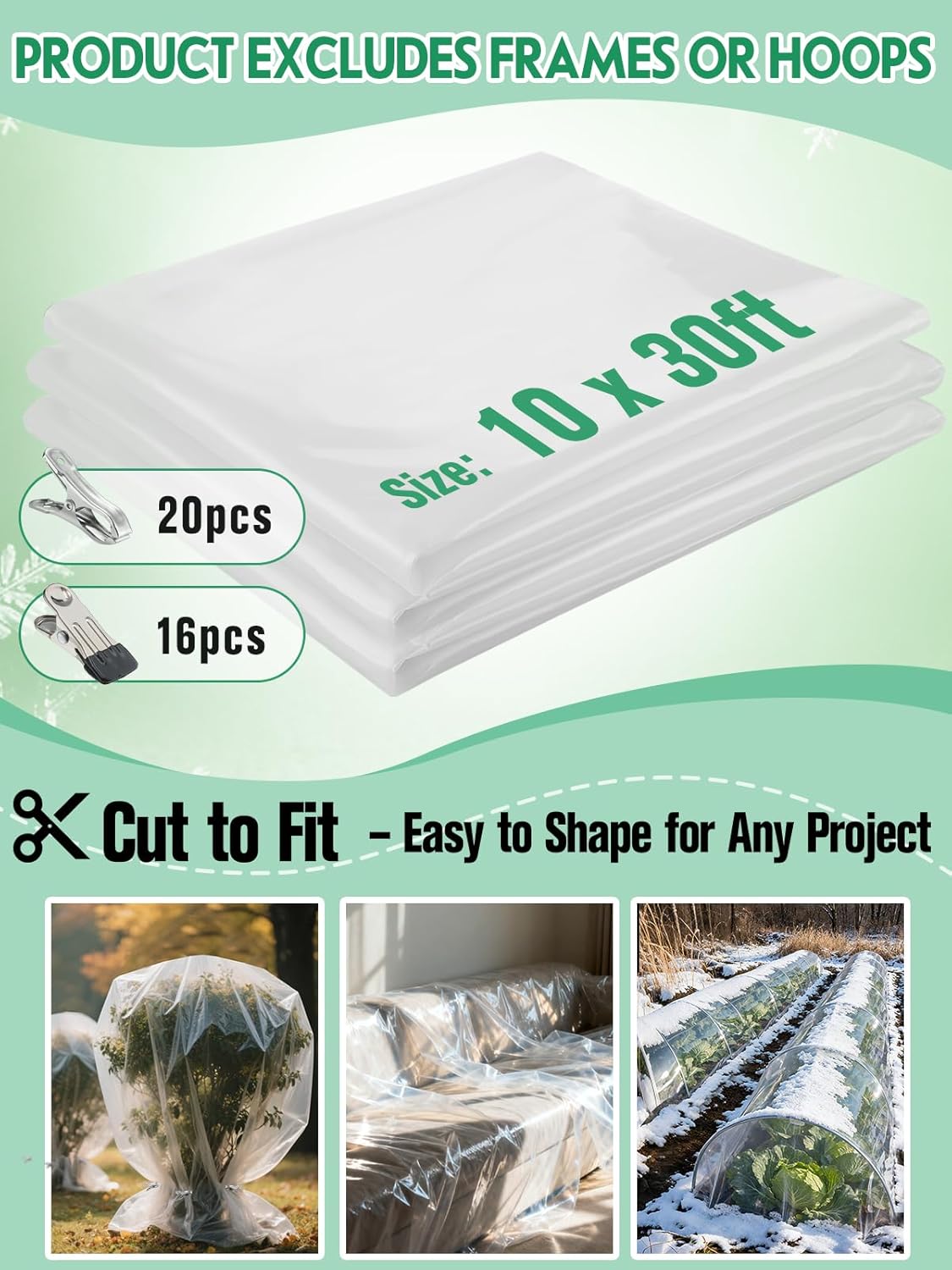 Alphatool 10 x 30ft Plant Covers Freeze Protection with 36 Clips - Greenhouse Plastic Sheeting, Frost Cloth Row Cover for Outdoor Garden Plants Winter Vegetables Crops