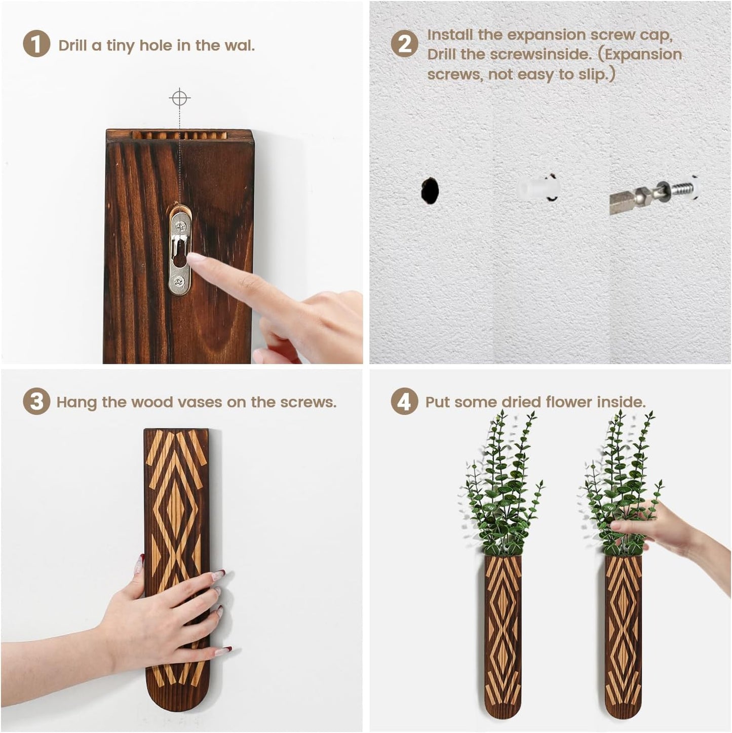 Wooden Wall Planter Set of 3 - Modern Bohemian Home Decor for Living Room, Bedroom, Bathroom - Versatile Walnut Finish Planter for Dried Flowers, Faux Greenery, and Indoor Plants