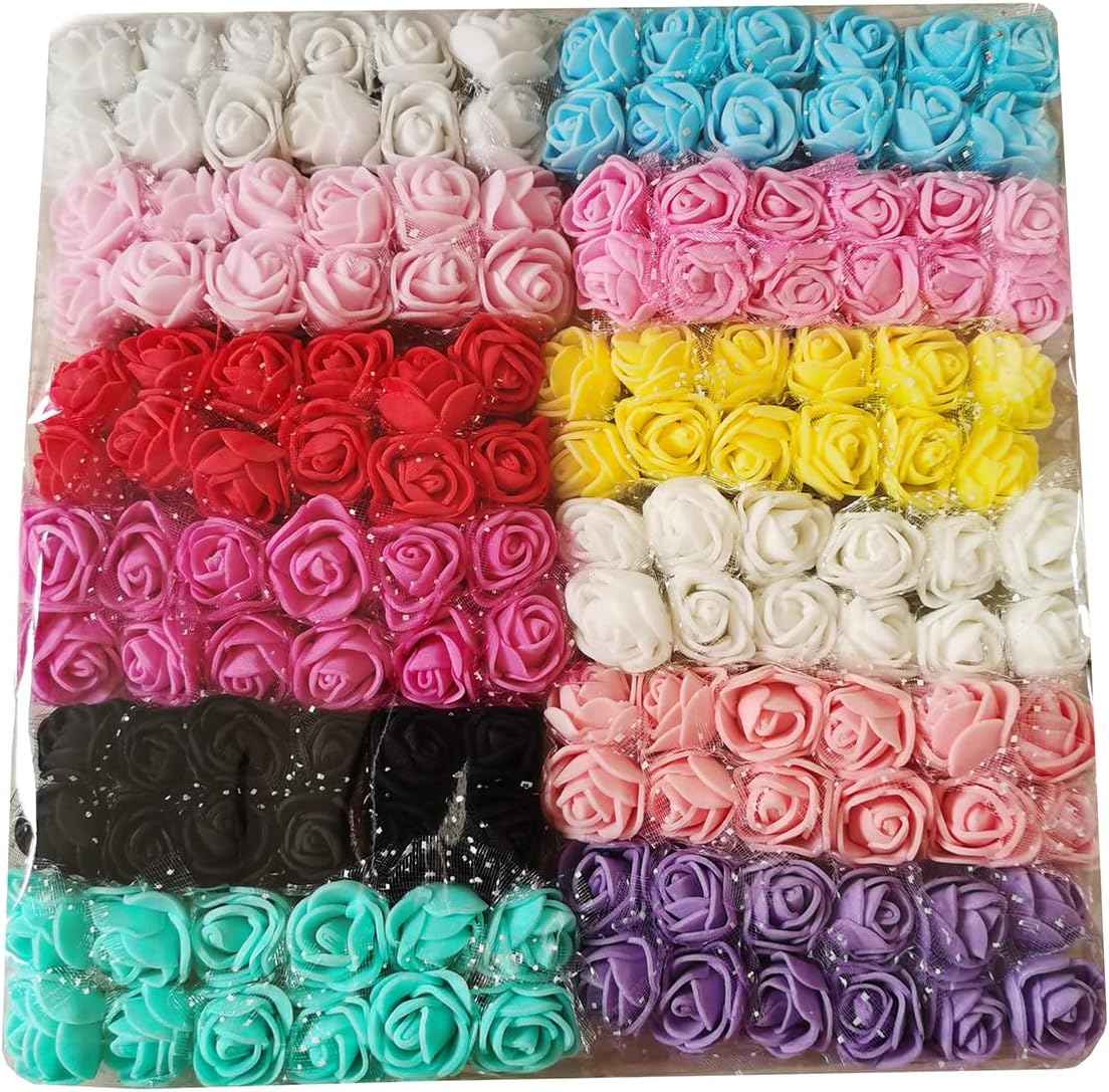 Mini Fake Rose Flower Heads 144pcs Mini Artificial Roses DIY Wedding Flowers Accessories Make Bridal Hair Clips Headbands Dress (Bottom add Gauze) Multicolor