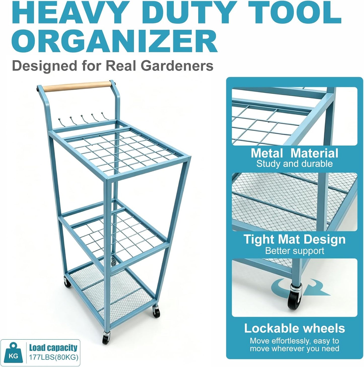Garden Tool Organizer with Wheels Heavy Duty Yard Tool Organizer Rack with Side Storage Pockets Sturdy Metal Steel Holder with 6 Hooks for Garage, Yard, Patio, Shed