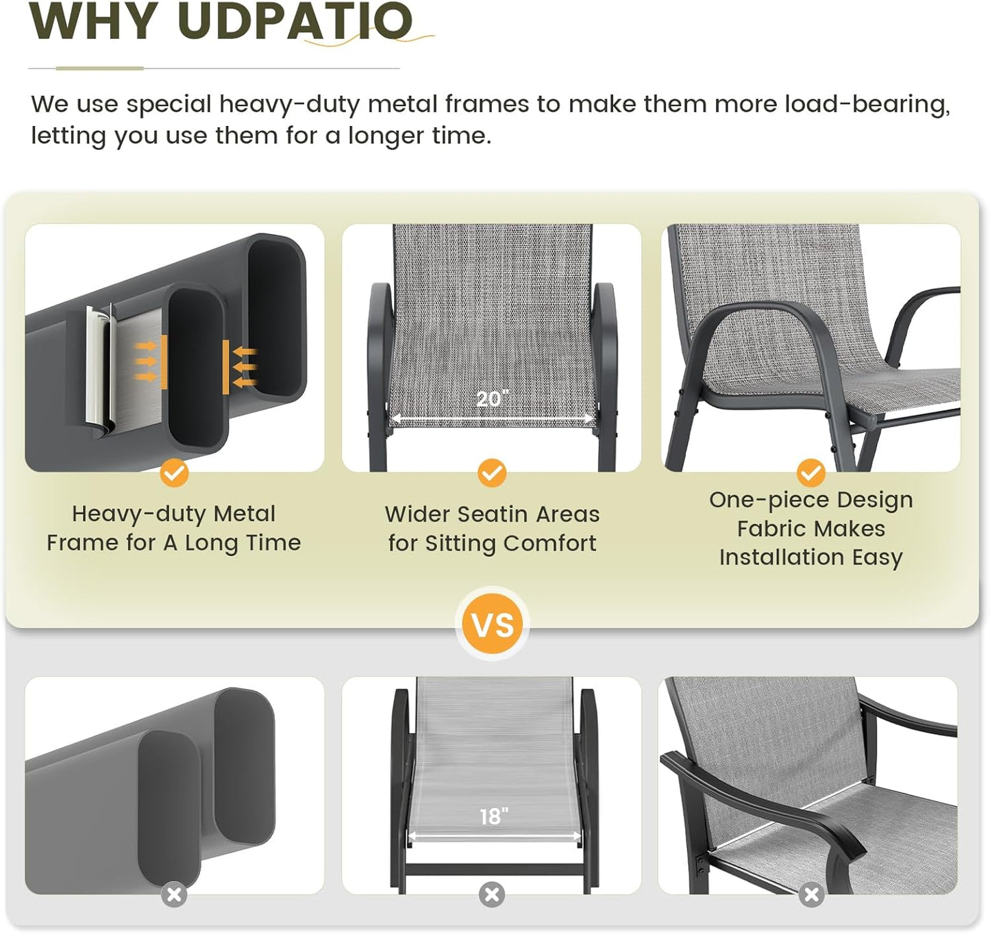 UDPATIO Patio Chairs Set of 6, Stackable Outdoor Dining Chairs with High Back, Breathable Textilene Fabric Outdoor Chair All Weather, 350LBS Capacity for Garden, Backyard (Light Grey)
