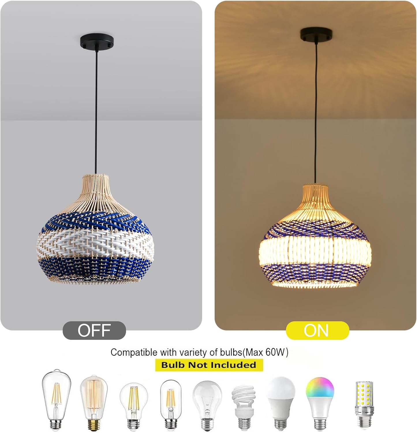 3-Light Rattan Pendant Light 15" Hand-Woven Blue White Wicker Basket Chandelier Boho Faux Rattan Hanging Light,for Living Room Bedroom Kitchen Hallway Dining Farmhouse 1-Pack