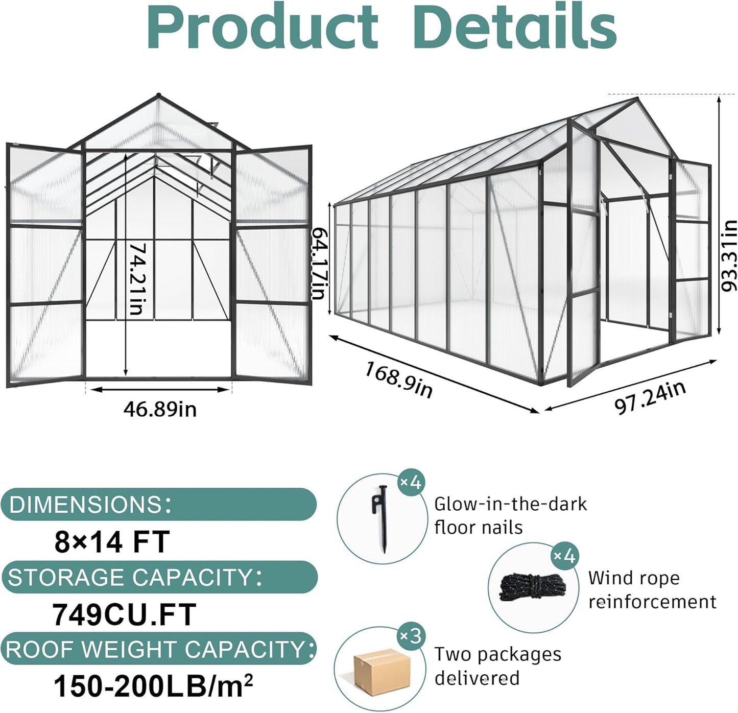 Greenhouse for Outdoors 8x14x7.8 FT, Polycarbonate Greenhouse with Stronger Wind Protection and Roof Vent, Walk-in Large Aluminum Sunroom Winter Proof, Black