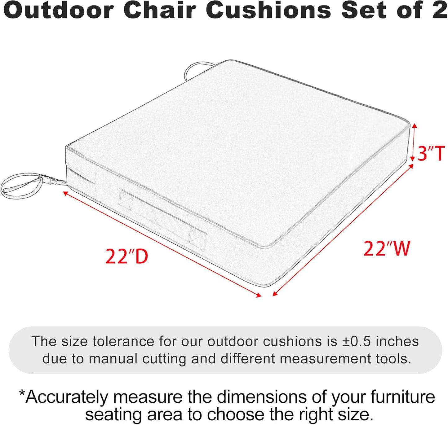 Favoyard Patio Chair Cushions 22 x 22 x 3 Inch Waterproof Outdoor Seat Cushions for Patio Furniture 3-Year Color Fastness Garden Sofa Couch Chair Pads with Handle & Adjustable Straps Set of 2, Beige