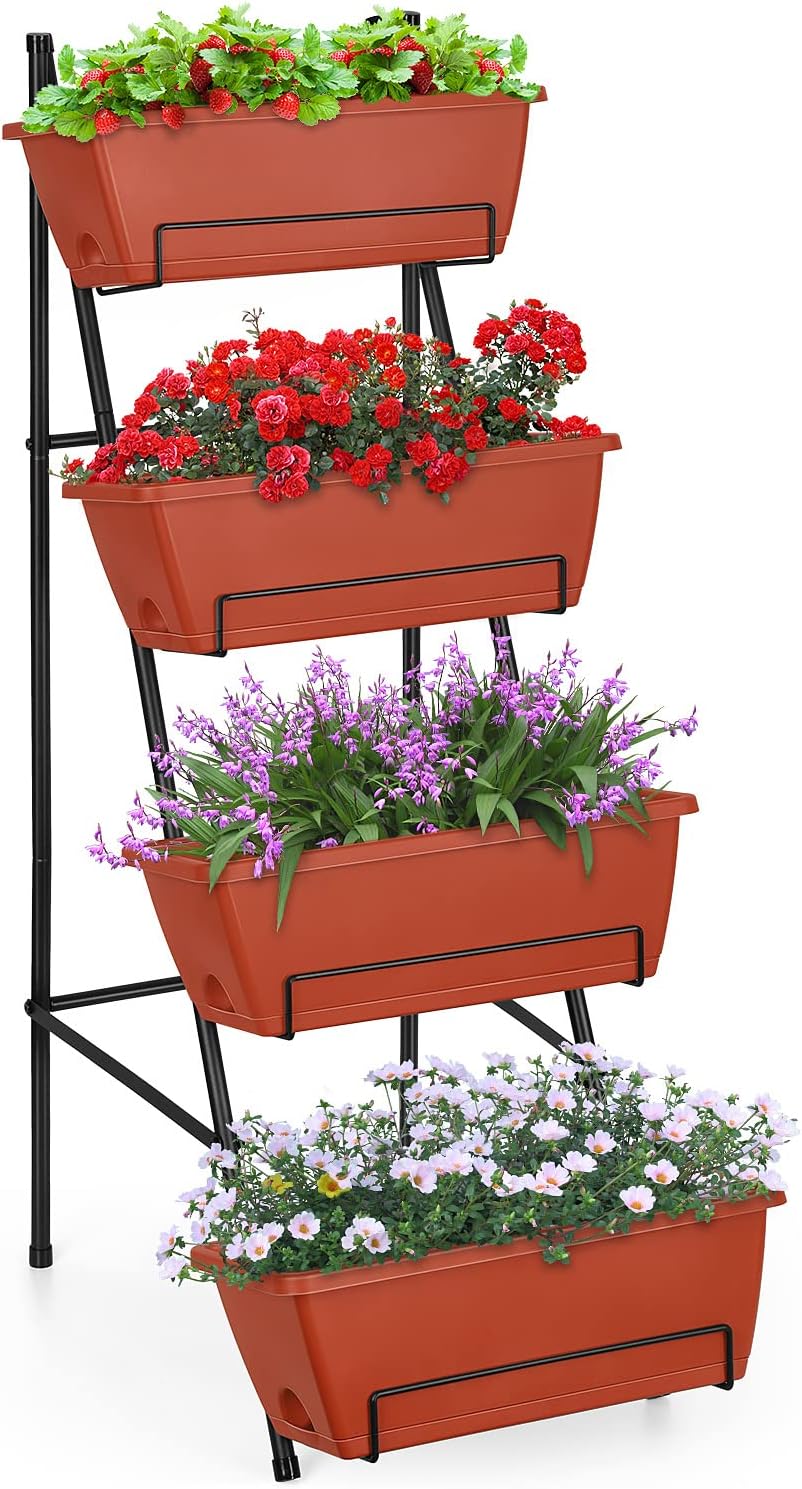 OYEAL Raised Garden Bed 4 Tier Vertical Garden Planter Indoor Outdoor Herb Planter with Legs Elevated Garden Planters for Flowers Vegetables Plants, Brick Red