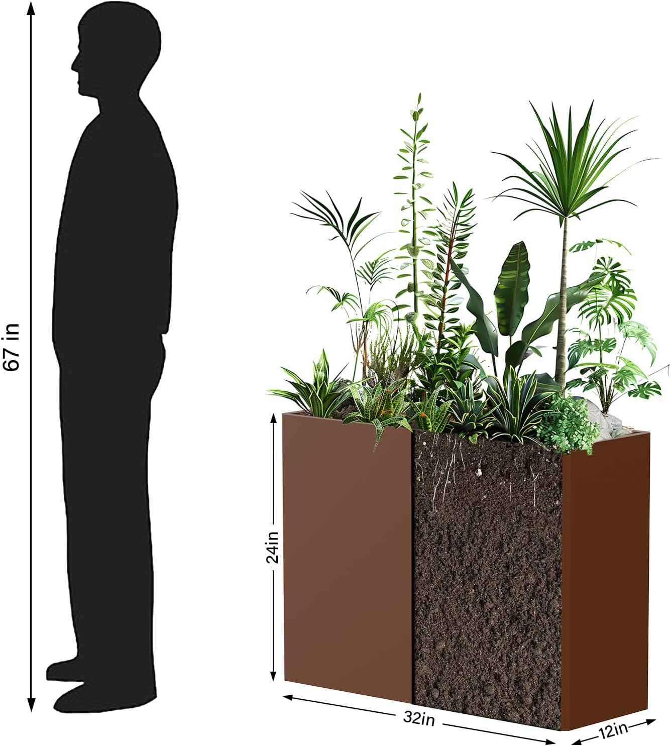 Galvanized Steel Planter Box with Removable Insert Shelf - 32x12x24 Inches Tall Planters for Outdoor&Indoor, Coffee