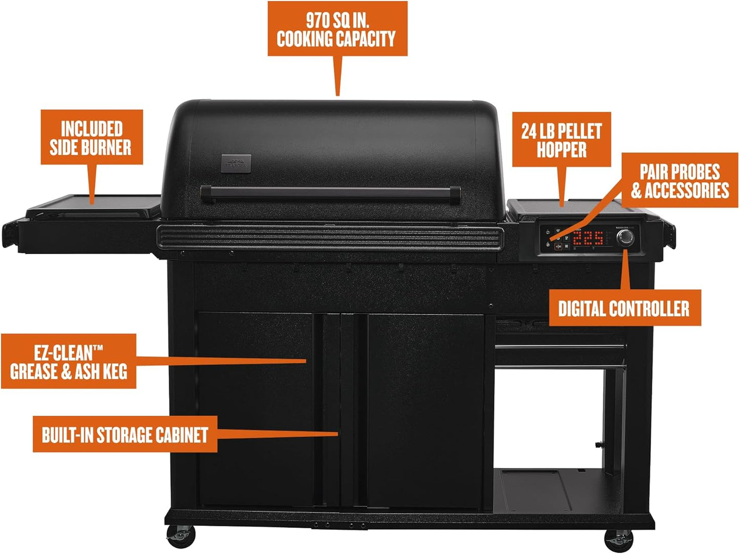 Traeger Woodridge Elite Electric Wood Pellet Grill and Smoker, 970 Sq. in., Side Sear Station, WiFIRE Technology, Super Smoke Mode, Outdoor Pellet Smoker Grill with Insulated Body, Black, TFC97XLH
