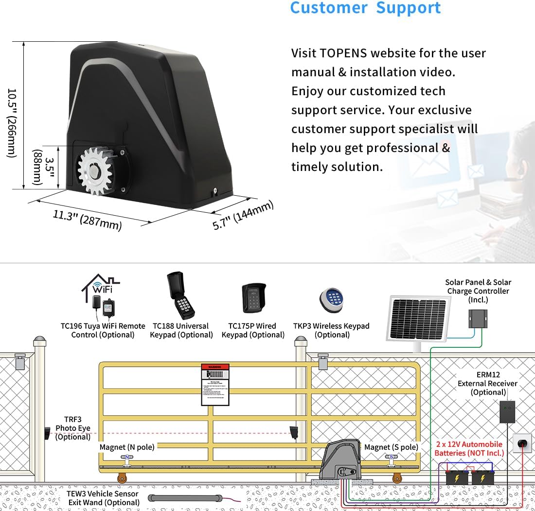 TOPENS DKR1100ST Solar Sliding Gate Opener Rack Drive Automatic Gate Motor for Heavy Driveway Slide Gates Up to 2600 Pounds, Electric Gate Operator Battery Powered with Solar Panel Remote Control Kit