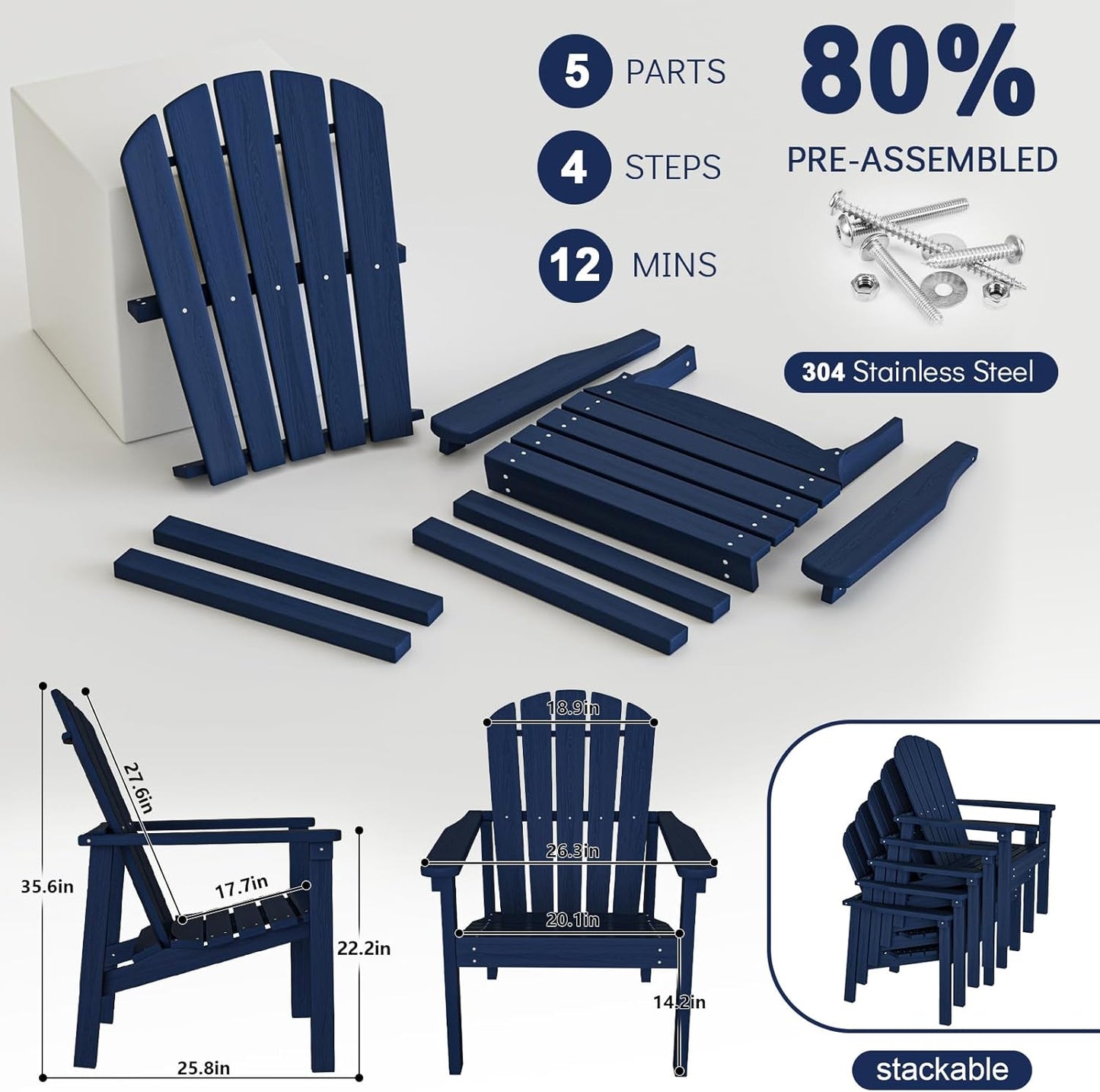 Stackable Adirondack Chair, HDPE Outdoor Patio Chair - Durable and Space Saving, Suitable for Porches, Lawns or Garden, Navy