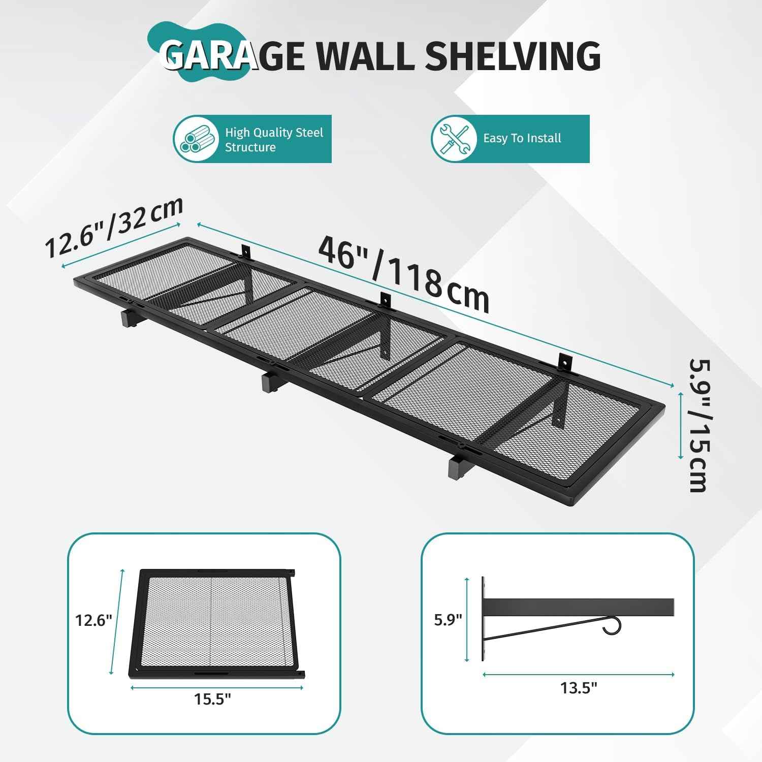2 Pack Garage Wall Shelving, 46'' x 12.6'' Garage Shelf Wall Mounted, Heavy Duty Storage Shelves 360 LBS Capacity, Floating Storage Rack with 8 Hooks, Metal Shelf Organizer for Basement, Workshop