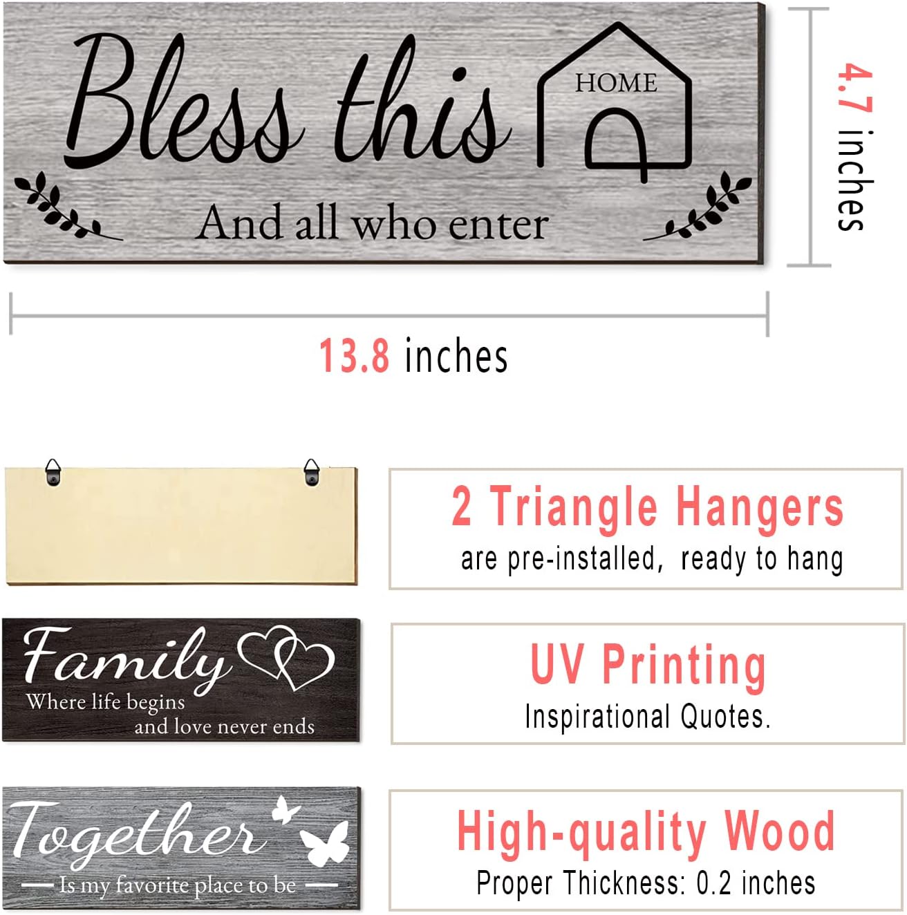 Joyhawk 4 Pieces Home Wall Decor Signs, THIS IS US/TOGETHER/BLESS THIS HOME/FAMILY Wall Decor For Living Room Bedroom, Rustic Wooden Farmhouse Wall Art Decor, 4.7 x 13.8 Inch(Mixed Color)