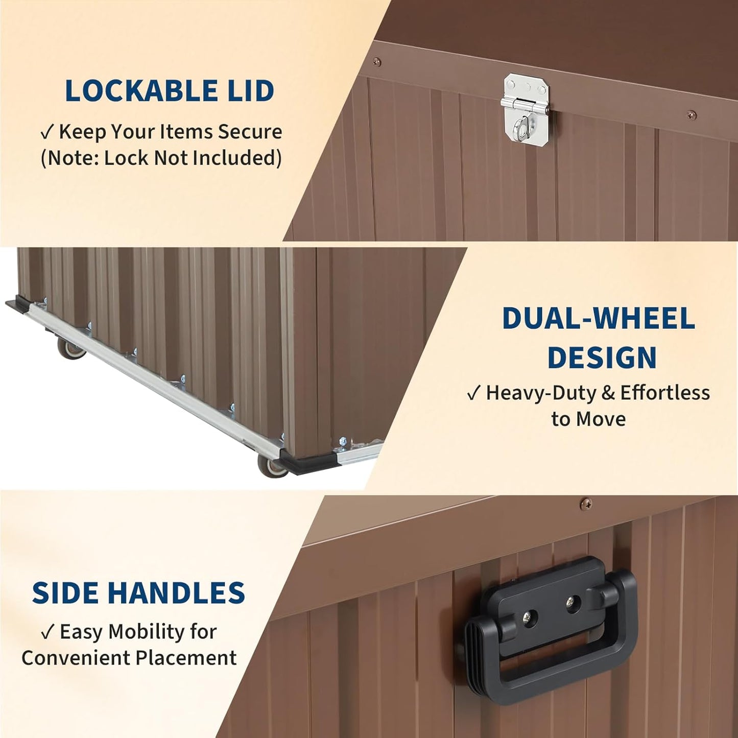 160 Gallon Deck Box Outdoor Storage, Metal Patio Storage Box with Lockable Lid, Hydraulic Rod, Wheels & Side Handles, Waterproof UV-Resistant, Brown, 53.1" x 27.8" x 29.9"