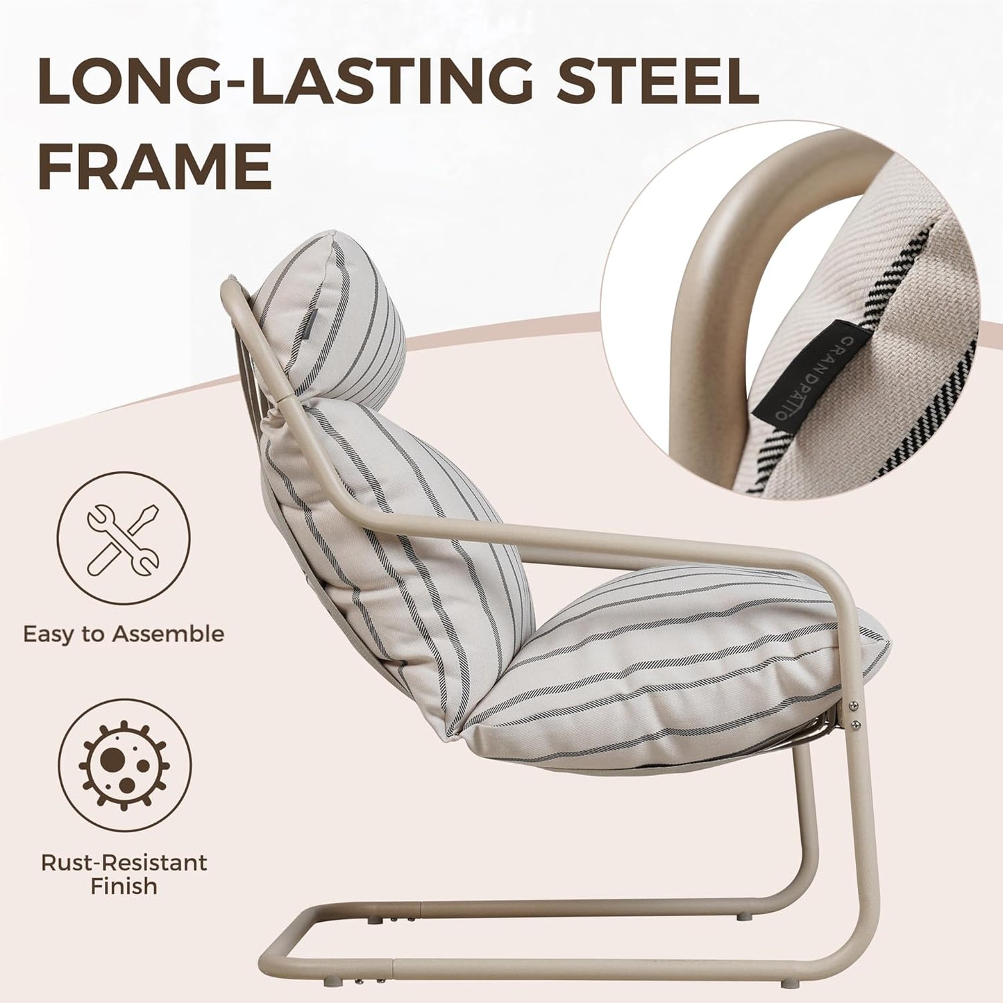 Grand patio 3-Piece Bistro Set, Ergonomic Comfy Outdoor Chairs with Thick Cushions and Round Coffee Table, Oversized Outdoor Patio Furniture Set for Garden, Balcony, Backyard