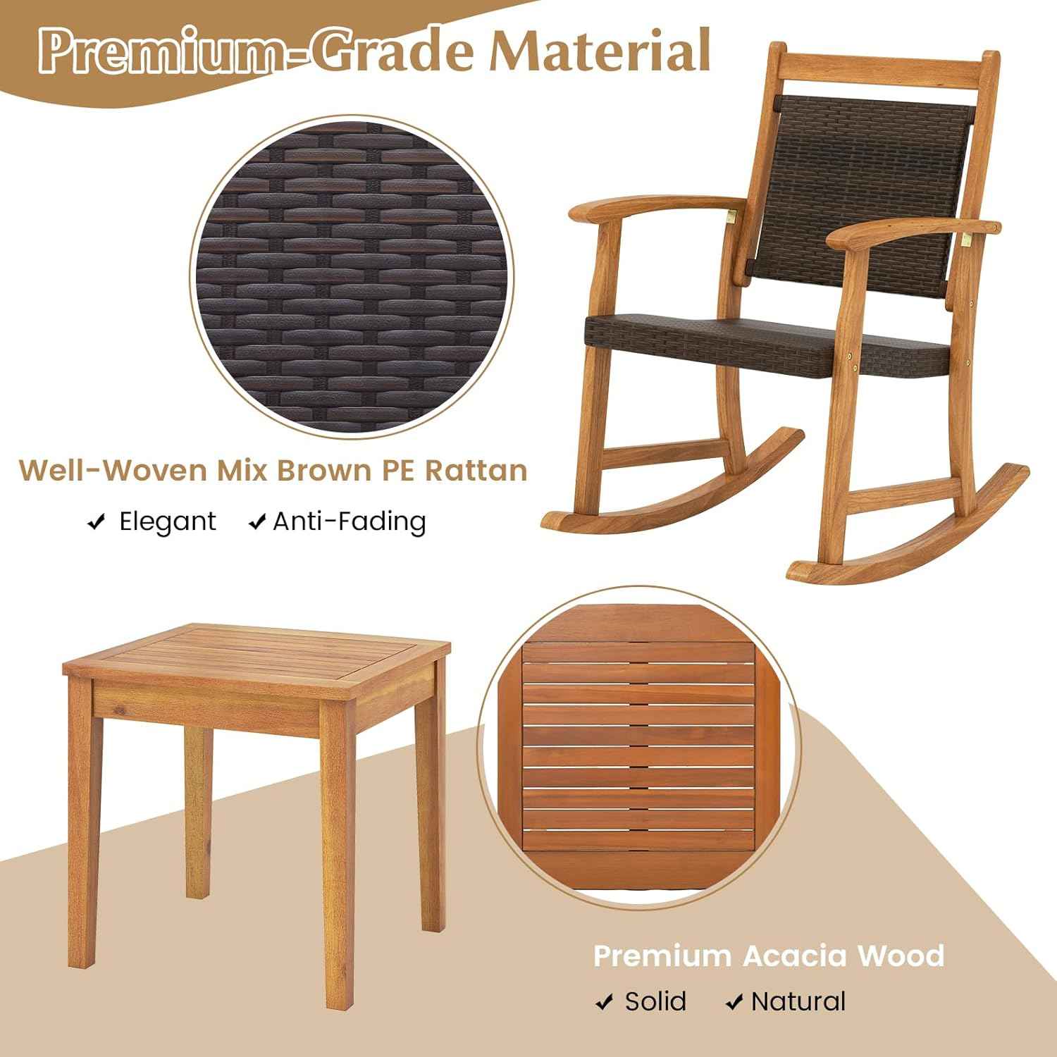 3 Pieces Rocking Chair Set, Acacia Wood Rocking Set with Coffee Table, Wicker Seat & Backrest, Patio Bistro Set Outdoor Conversation Set for Balcony, Garden, Backyard & Poolside
