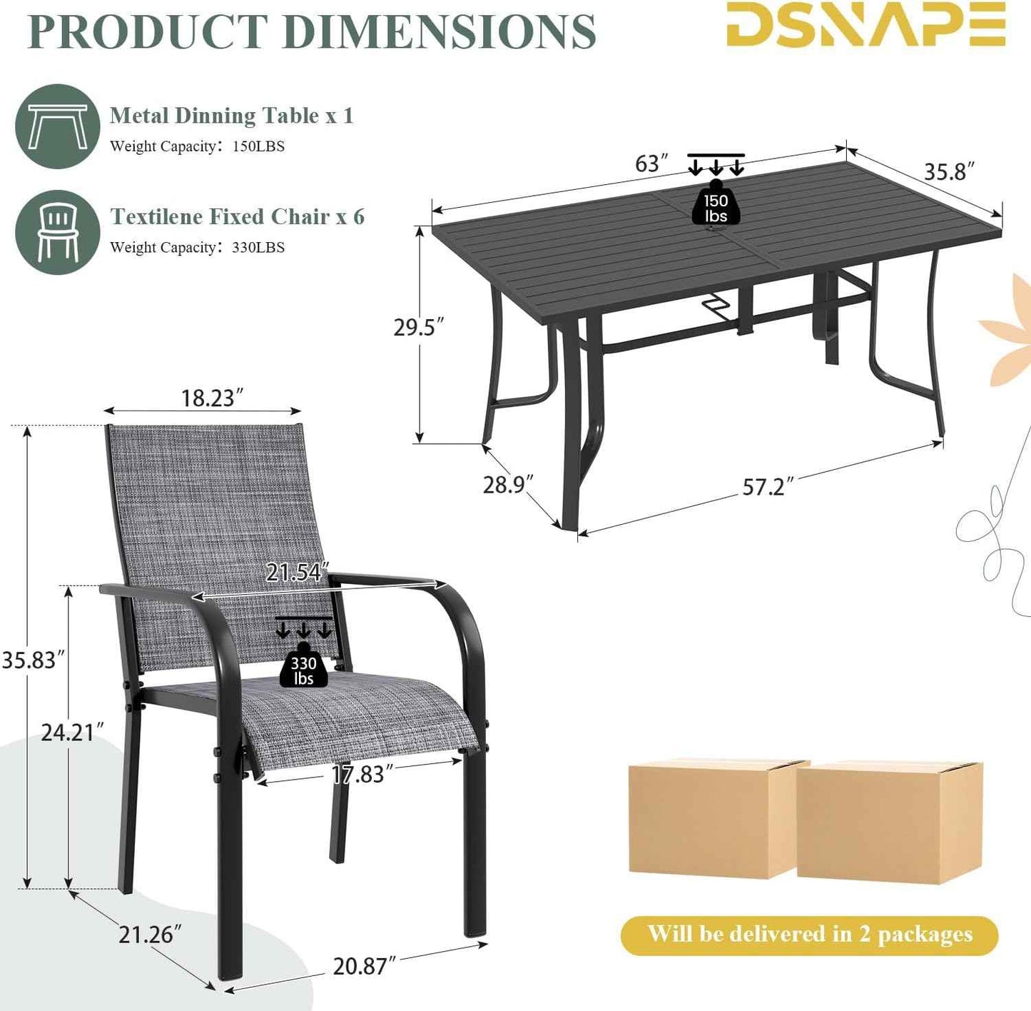 7 Pieces Patio Table and Chairs Set, 63" Metal Dining Table with Umbrella Hole & 6 Textilene Fixed Chairs, Dining Table Set for 6, Outdoor Furniture for Porch Deck Backyard Balcony, Grey