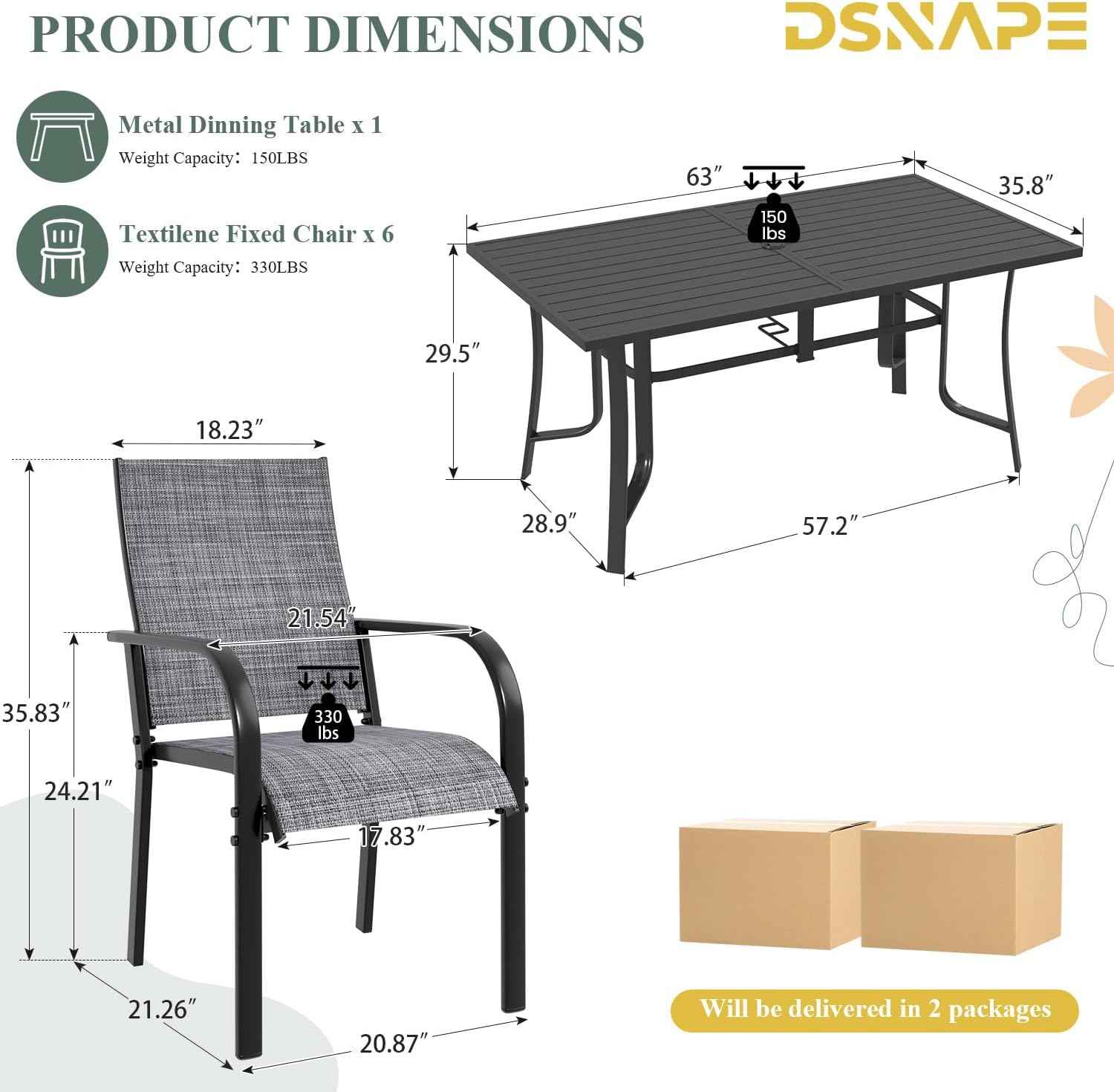 7 Pieces Patio Table and Chairs Set, 63" Metal Dining Table with Umbrella Hole & 6 Textilene Fixed Chairs, Dining Table Set for 6, Outdoor Furniture for Porch Deck Backyard Balcony, Grey