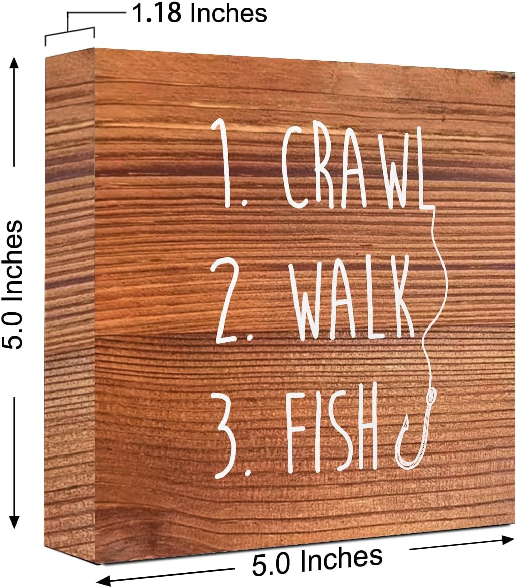 Brown Country Crawl Walk Fish Rustic Wooden Sign Desk Decor,Funny Baby Fishing Wood Block Sign Desk Decorations for Home Bedroom Baby Room Shelf Table Decor