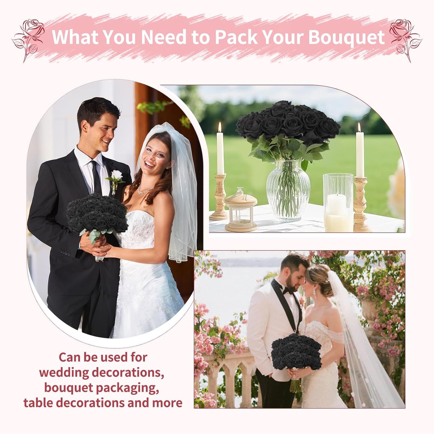 102 PCS Fake Roses Artificial Flowers Bulk, Black Roses Bridal Bouquet Silk Faux Rose with Stems for Wedding Flowers Decoration, Valentine's Day, Bridal Bouquet, Anniversary,Home Decor (102PCS, Black)