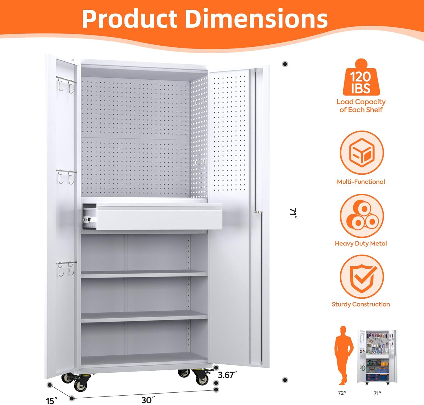 Aobabo Metal Storage Cabinet with Wheels and 1 Interior Drawer, Steel Rolling Tool Cabinet with 16 Hooks and 2 Adjustable Shelves for Garage, Home, Office, Kitchen Assembly Required, White