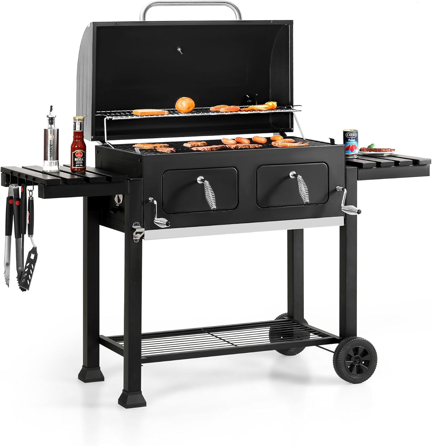 Sophia & William Extra Large Charcoal BBQ Grills with 794 SQ.IN. Cooking Area, Heavy Duty Outdoor Barbecue Grill with 2 Individual Lifting Charcoal Tray and 2 Foldable Side Table, Black