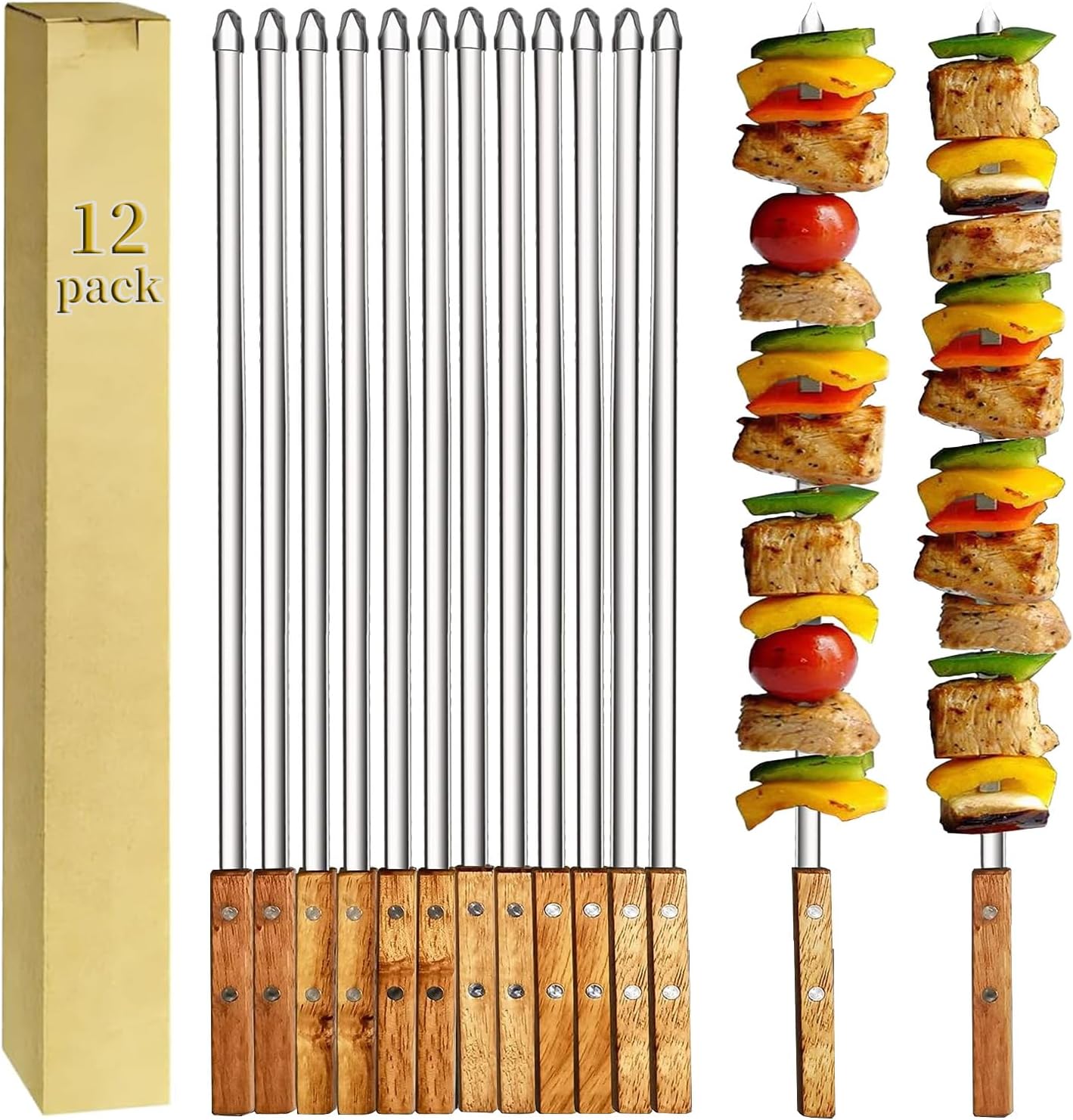 12 Pack Kebab Skewers BBQ Barbecue Skewers Stainless Steel Flat Sticks 22 Inch Heavy Duty Large Wide Reusable with Nonslip Wooden Handle Ideal for Shish Kabob Chicken Shrimp and Vegetables