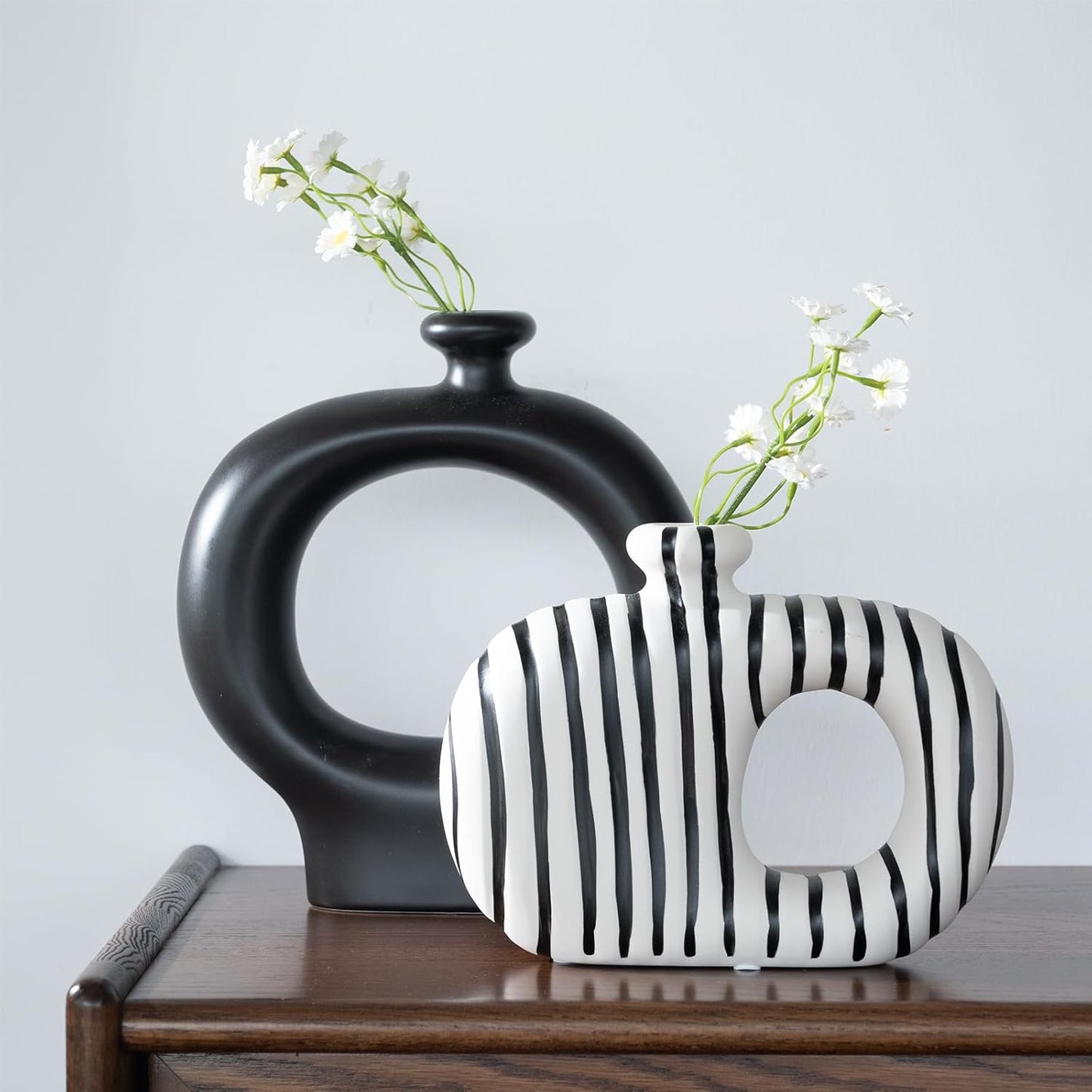 Relexome Donut Vases Set of 2,Black & White Striped Hollow Ceramic Flower Vases,Modern Nordic Minimalist Round Decorative Vase for Pampas Grass,Dried Flowers,Living Room,Table Centerpiece & Home Decor