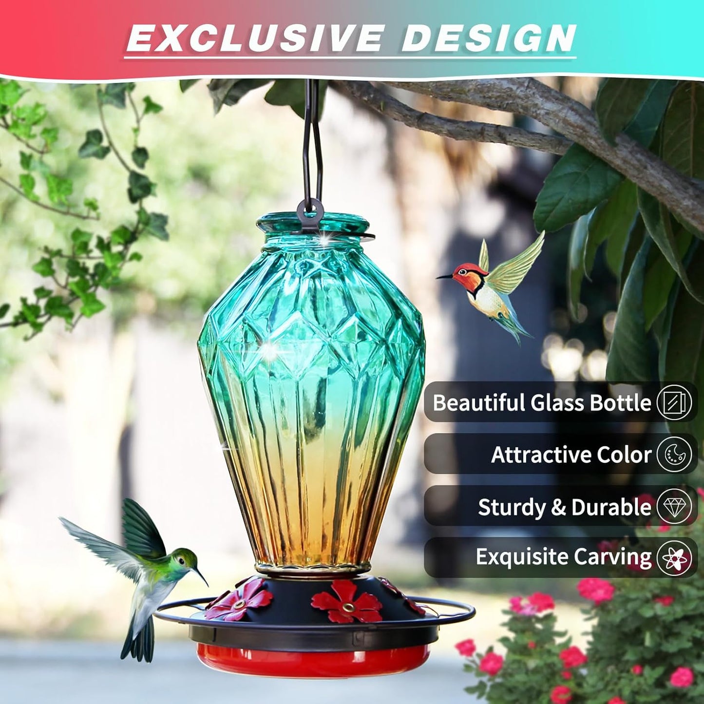 Glass Hummingbird Feeder for Outdoors Hanging, 25Oz Humming Bird Nectar Feeder, Perch, 5 Flower Feeding Ports, Leak Proof Base, Hook for Outside Garden Backyard, Gift for Women, Diamond Green
