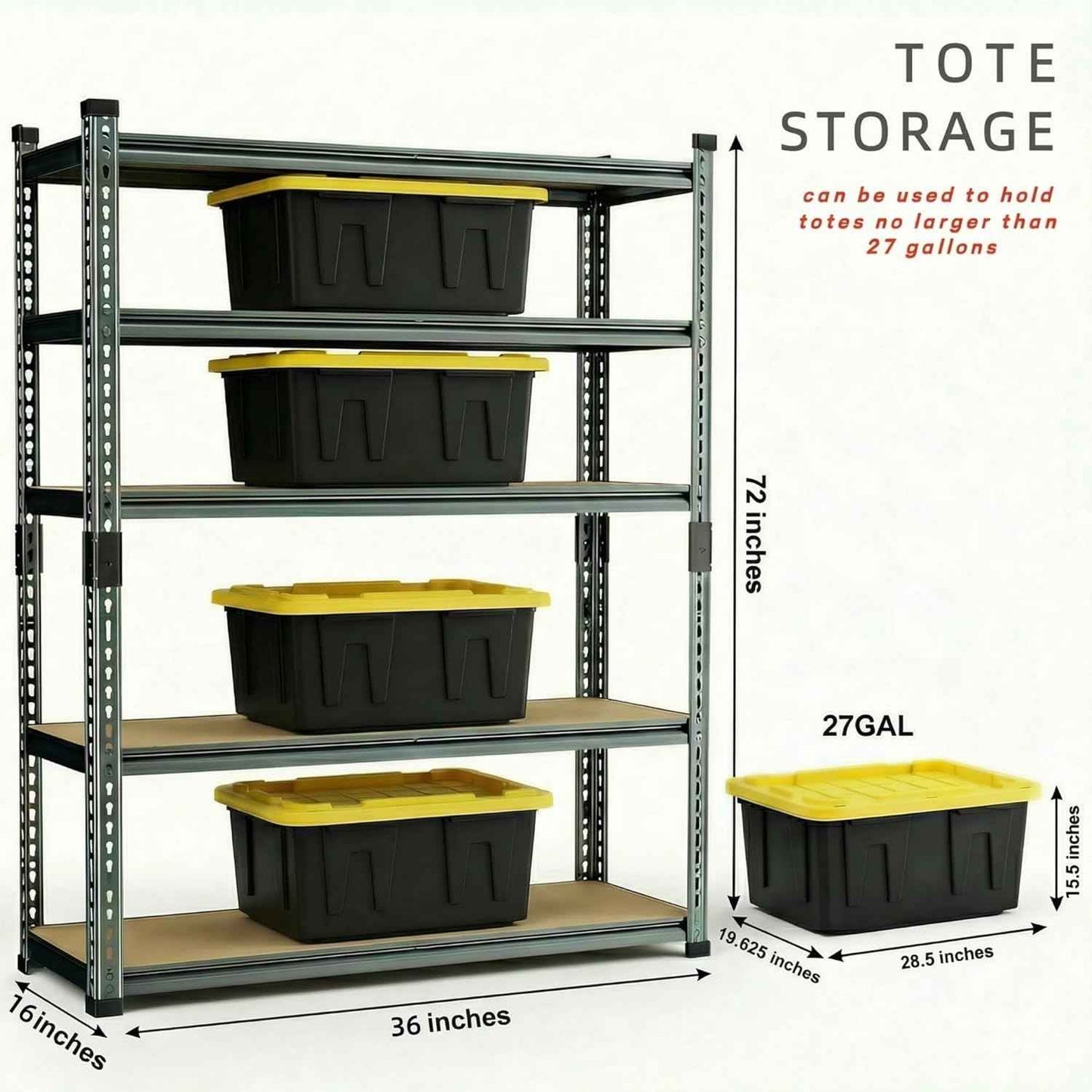 Garage Shelving Heavy Duty, 2450LBS Metal Storage Shelves 5 Tier, Adjustable Shelving Unit 36" W x 16" D x 72" H, Boltless Garage Storage Rack for Garage Basement, Pantry, Warehouse 1Pcs