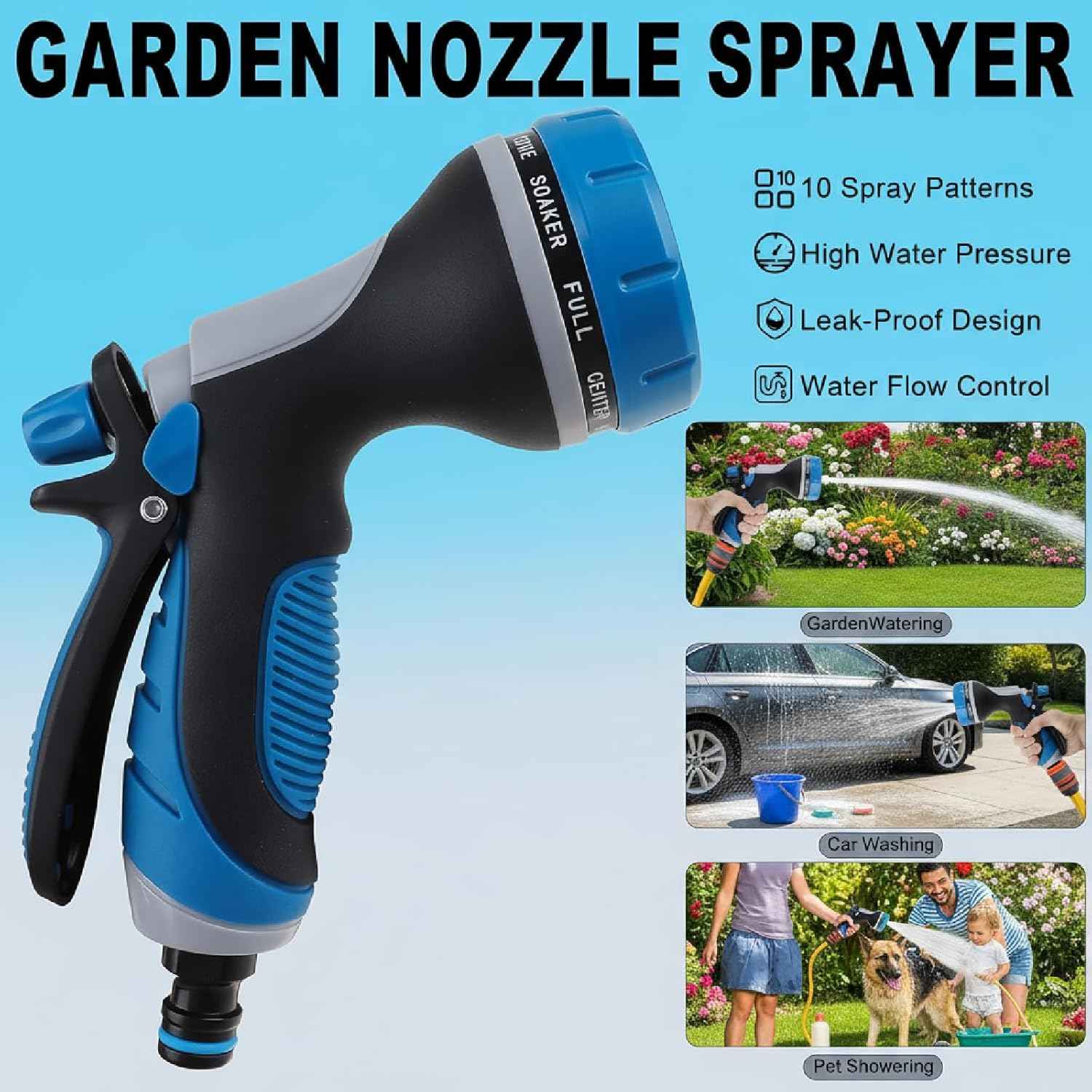 Garden Hose Nozzle with Adjustable 10 Watering Patterns, Water Hose Nozzle Sprayer with Slip Resistant,High Pressure Garden Hose Spray Nozzle for Plants & Lawns Watering,Car Washing and Pet Showering